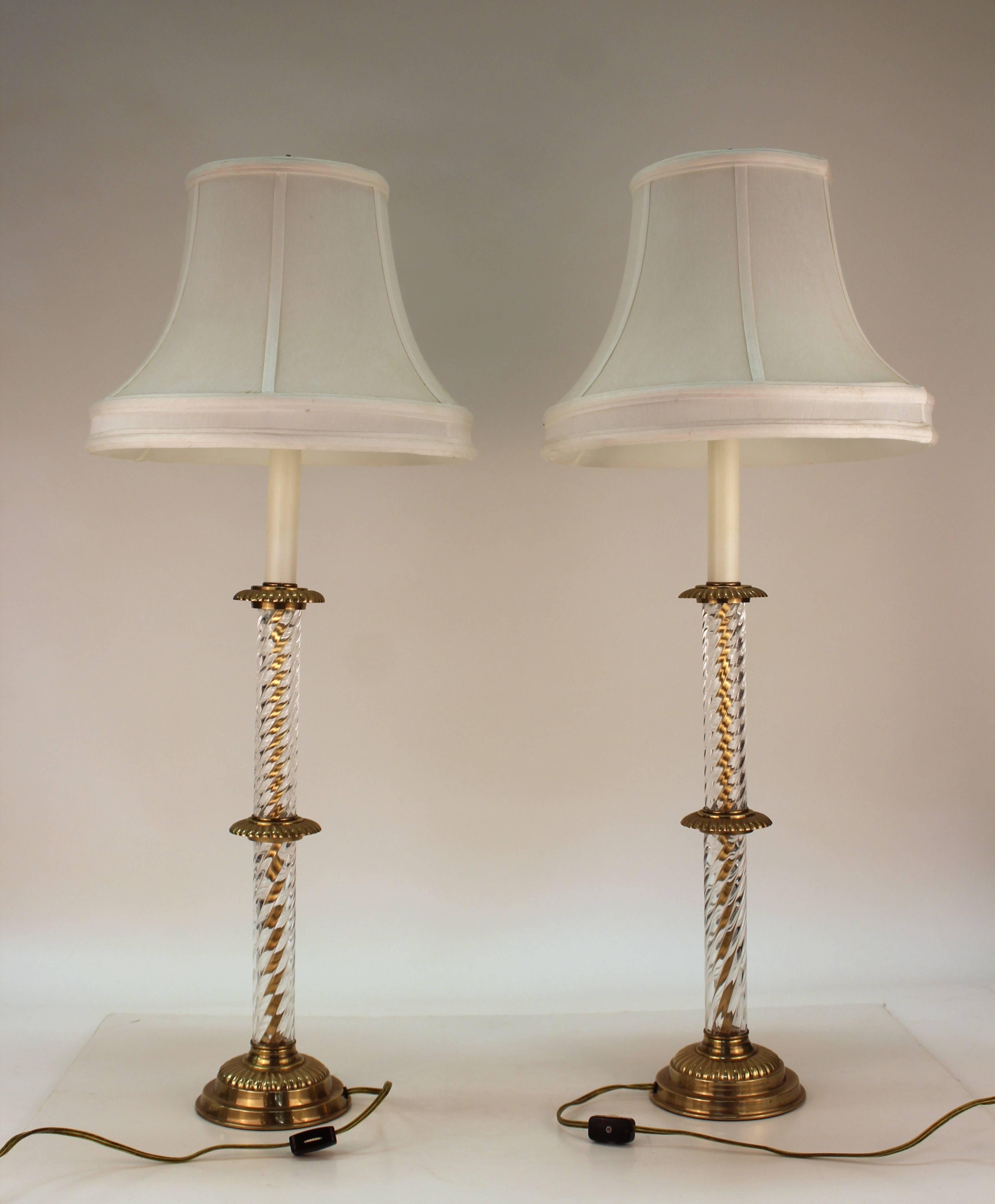 Mid-Century Modern Frederick Cooper Column Lamps in Crystal and Brass with Shades