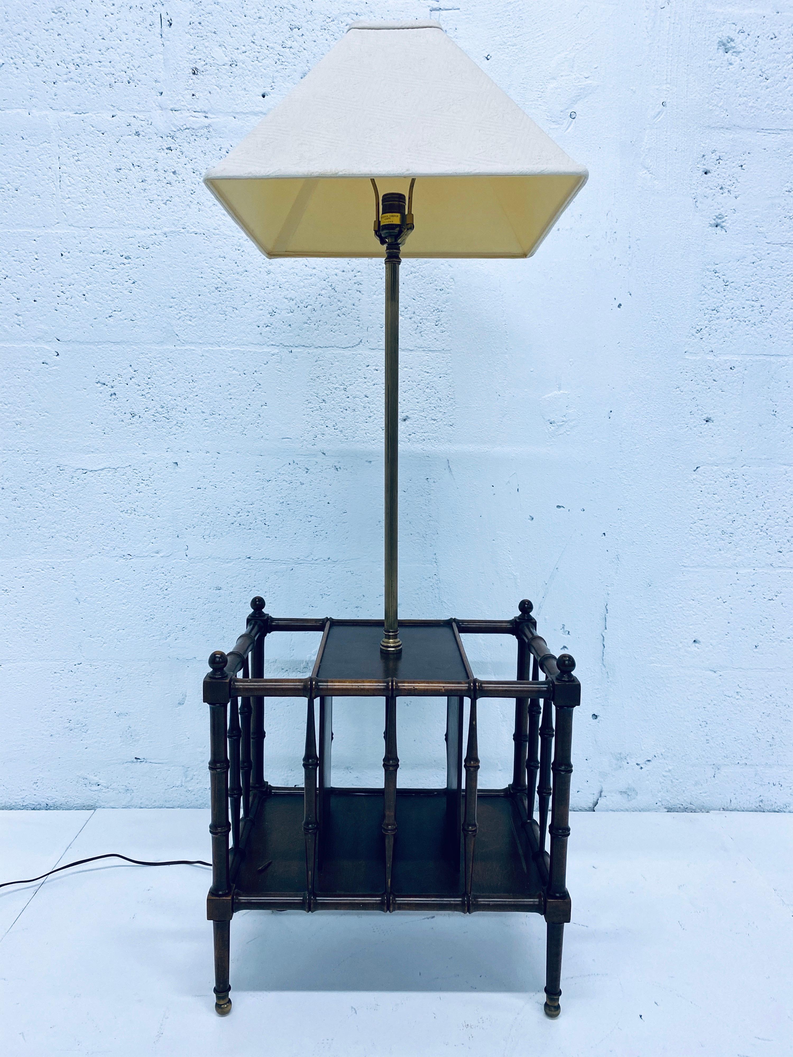Faux bamboo, burlwood and brass floor lamp table with magazine and book storage by Frederick Cooper.

Item dimensions are for lamp only with no shade. Shade will be included with purchase.

Original shade dimension:
W 16.75”, D 16.75”, H 9”.
