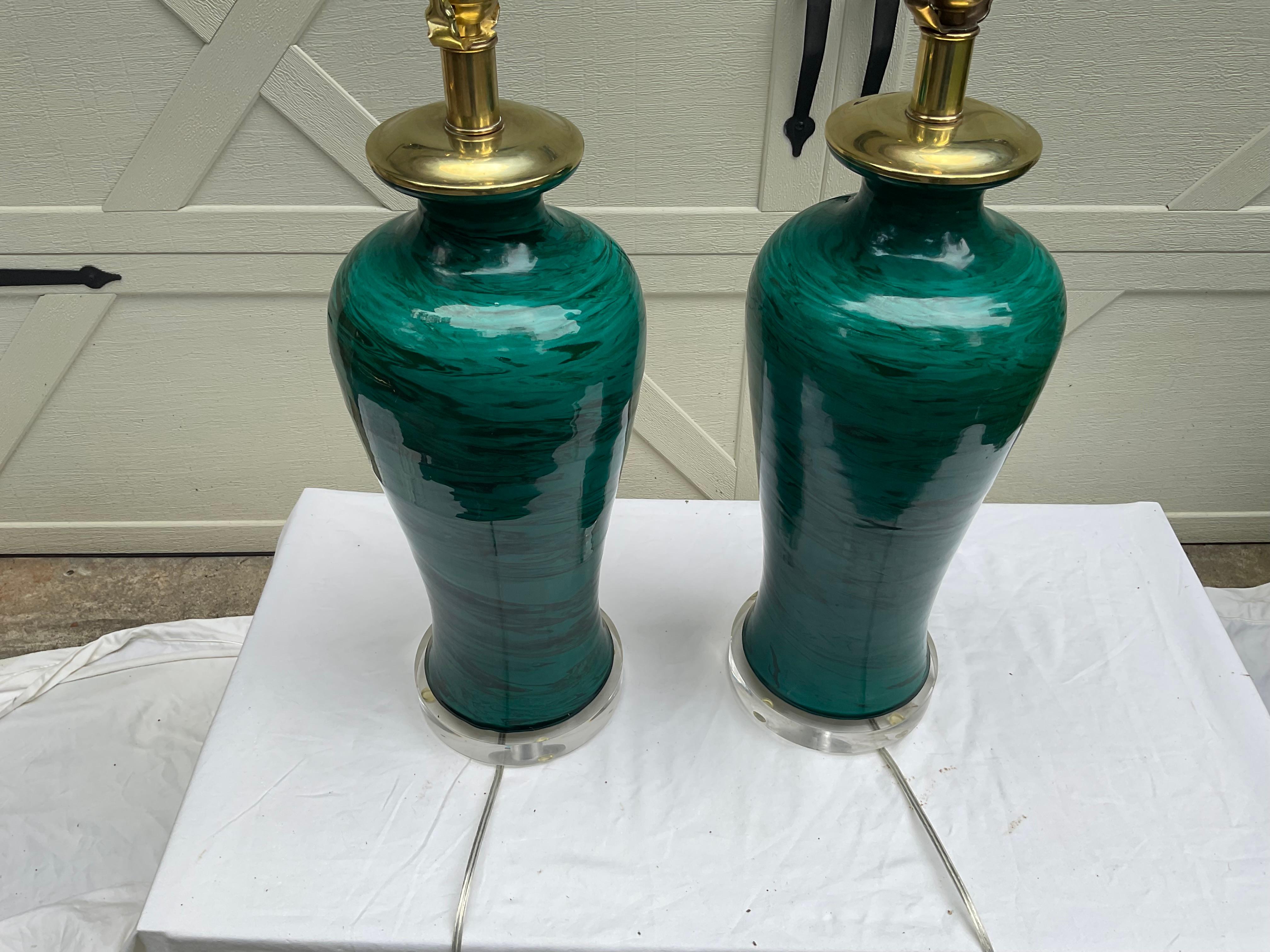Love this pair of faux malachite urn lamps, made in Italy!!! I have this exact pair at my home! . The pottery is attributed to Bitossi, and was marketed in the US, by Frederick Cooper, Chicago.  The lamps have been updated, with acrylic bases,