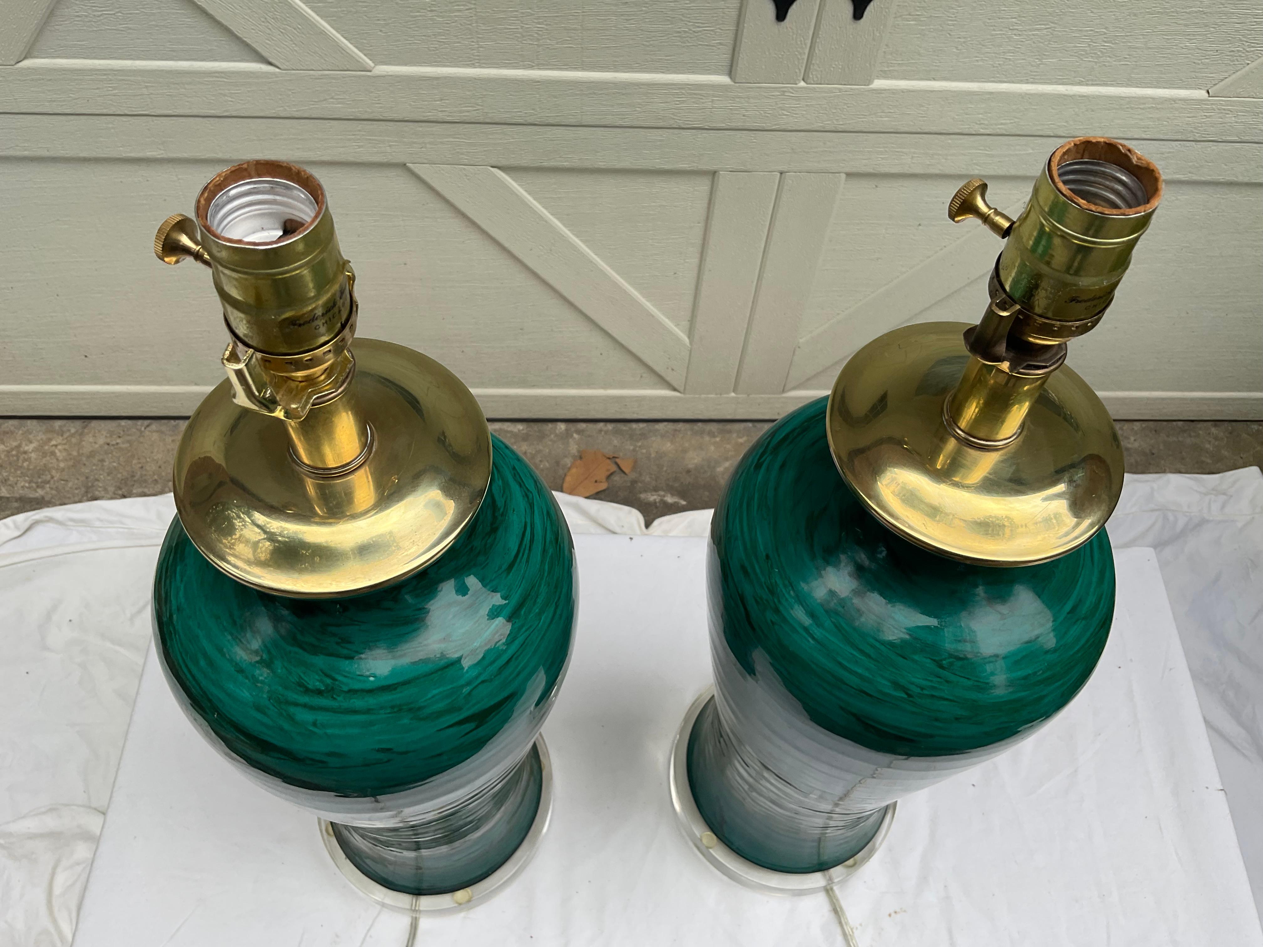 Mid-Century Modern Frederick Cooper Faux Malachite Bitossi Lamps, A Pair For Sale
