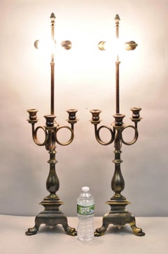 Frederick Cooper French Empire Brass Patina Trumpet Candelabra Table Lamp Pair