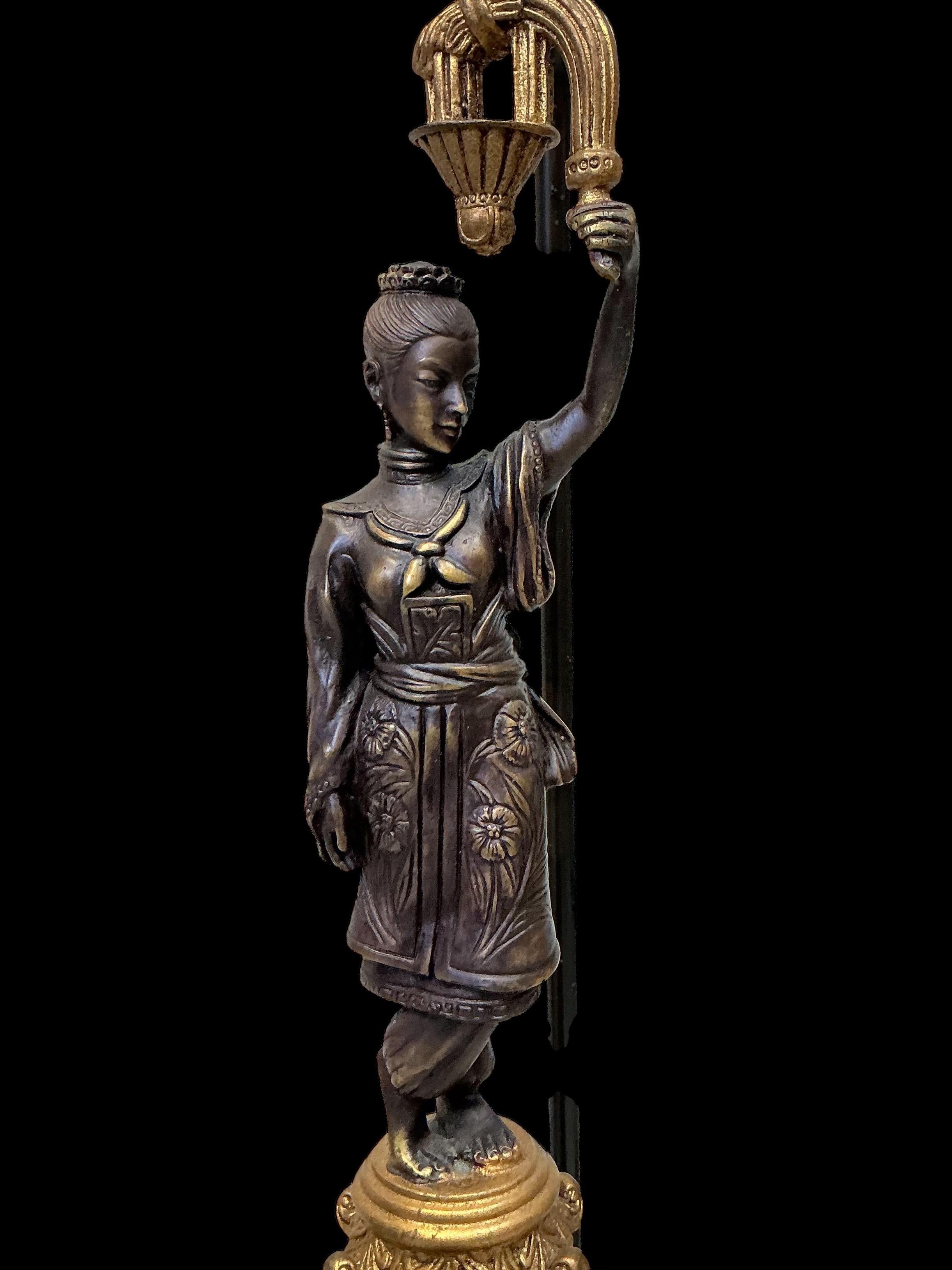 20th Century Frederick Cooper Gilt Bronze Chinoiserie Pagoda Male / Female Table Lamps - Pair For Sale