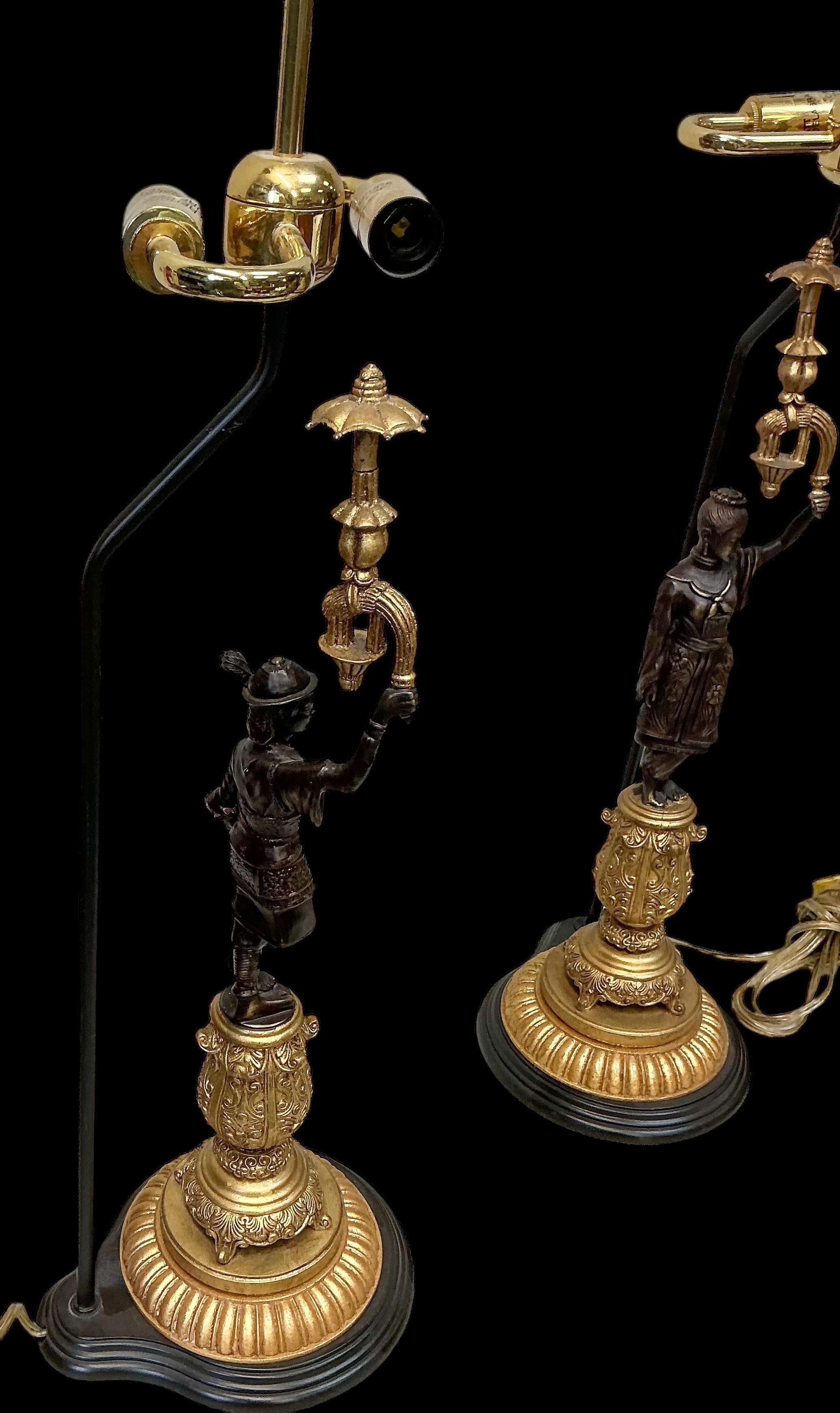 Frederick Cooper Gilt Bronze Chinoiserie Pagoda Male / Female Table Lamps - Pair For Sale 1