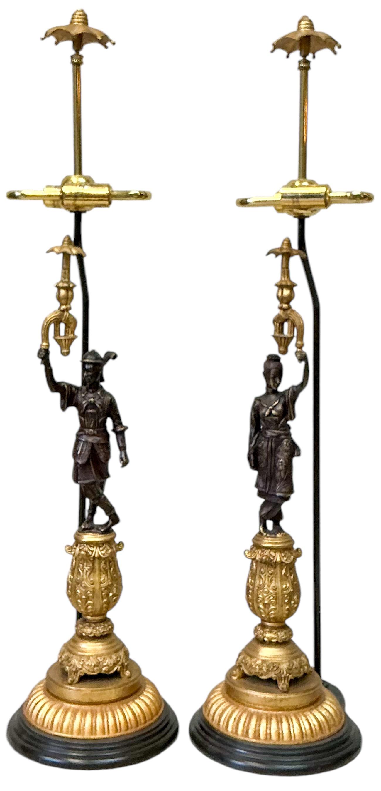 Frederick Cooper Gilt Bronze Chinoiserie Pagoda Male / Female Table Lamps - Pair For Sale 2