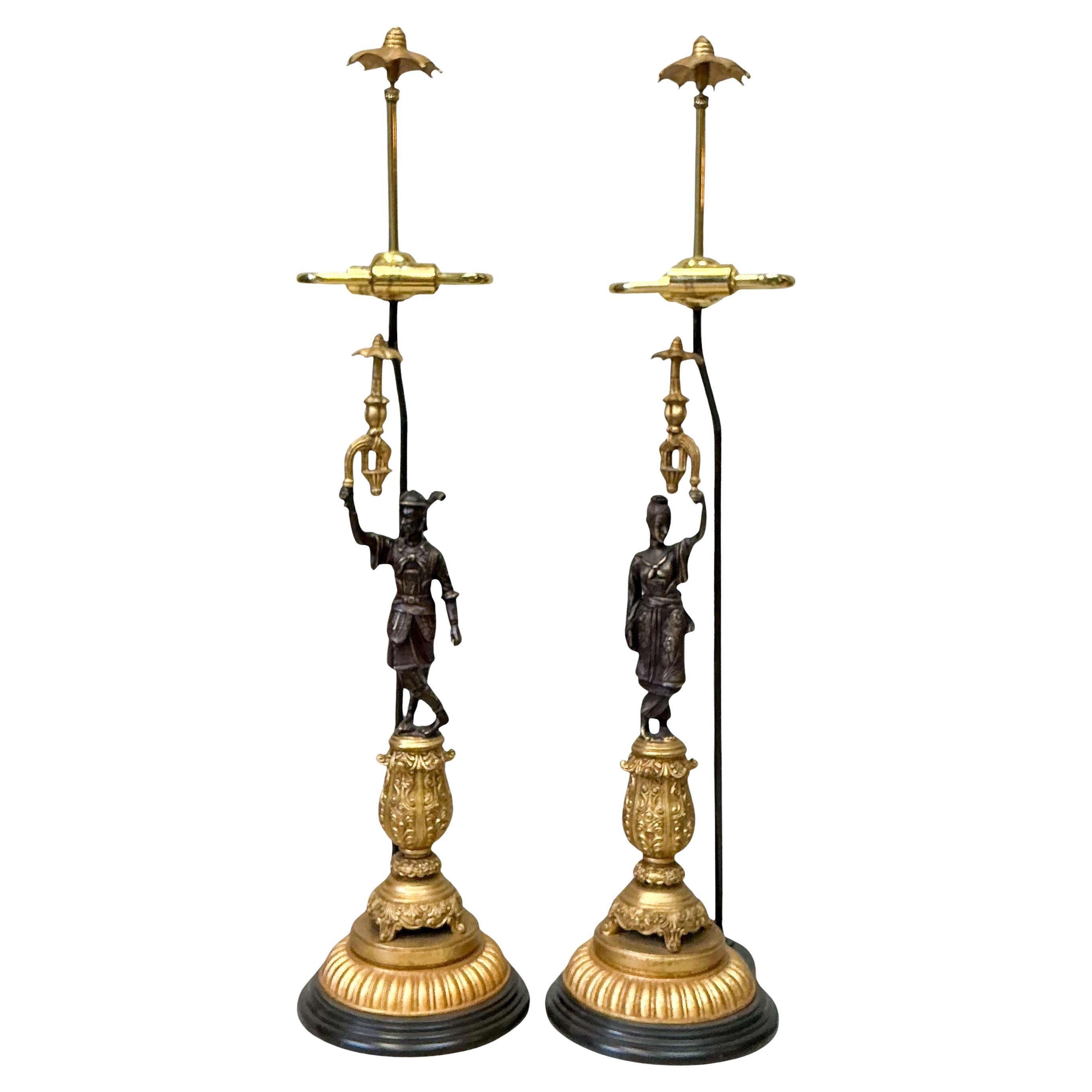 Frederick Cooper Gilt Bronze Chinoiserie Pagoda Male / Female Table Lamps - Pair