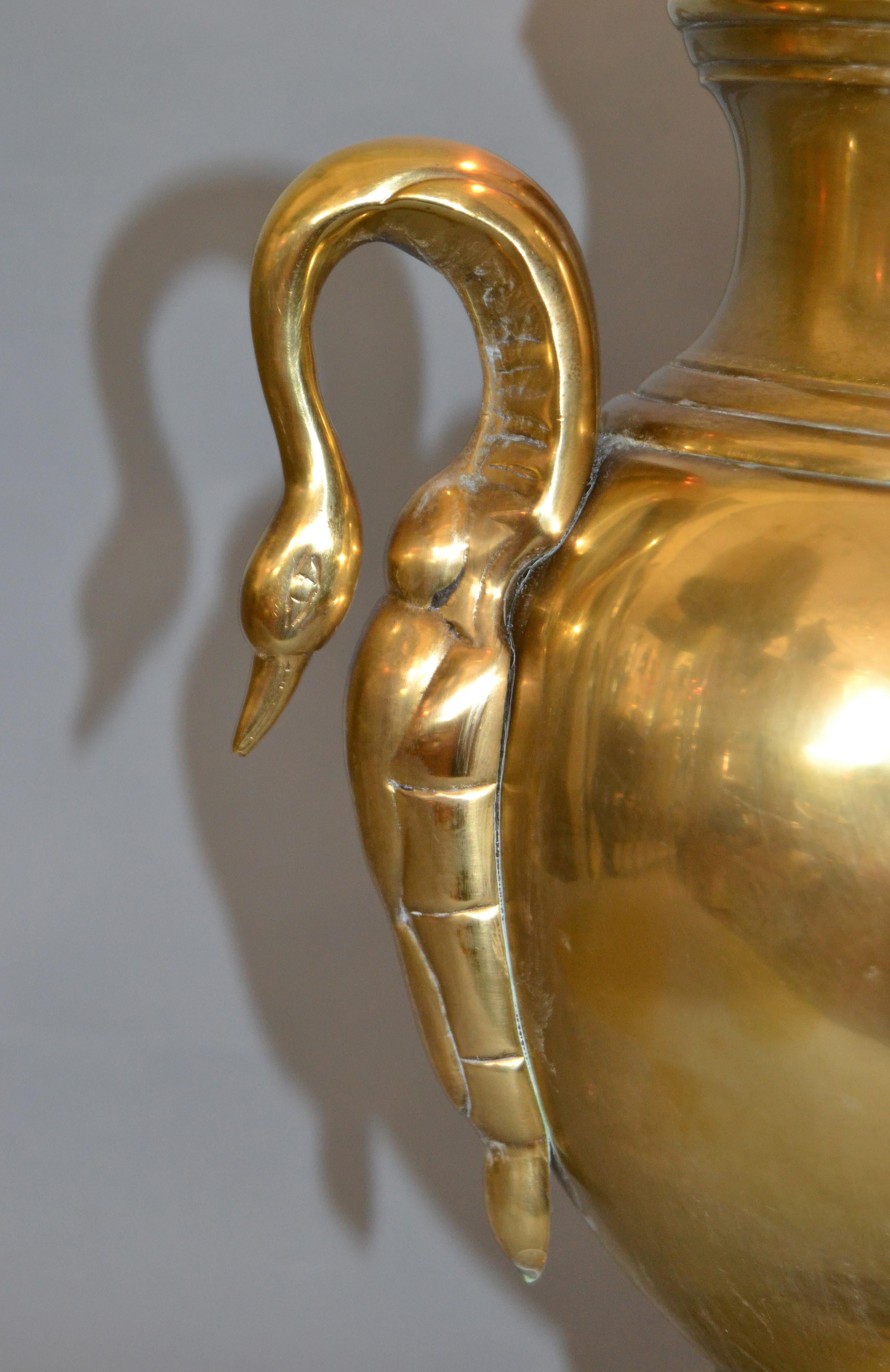 Polished Frederick Cooper Hollywood Regency Heavy Brass Swan Details and Wood Table Lamp