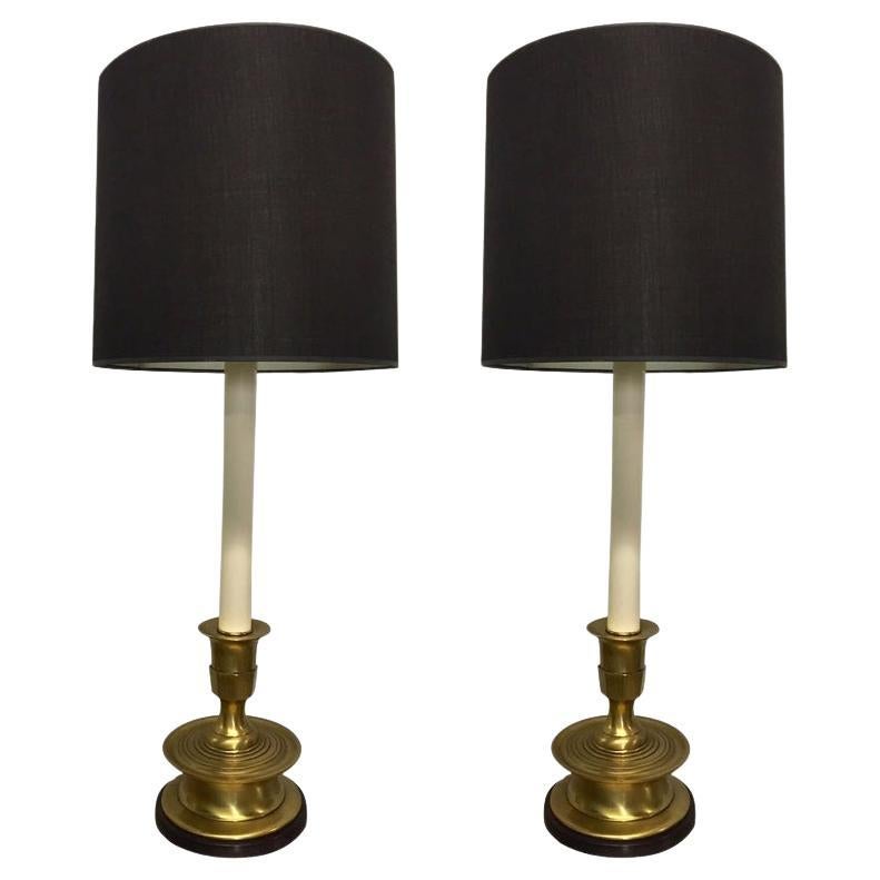 Pair of Candlestick Form Porcelain and Brass Table/Buffet Lamps