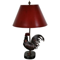 Vintage Frederick Cooper Metal Rooster Cock Table Lamp Red Shade Country Farmhouse