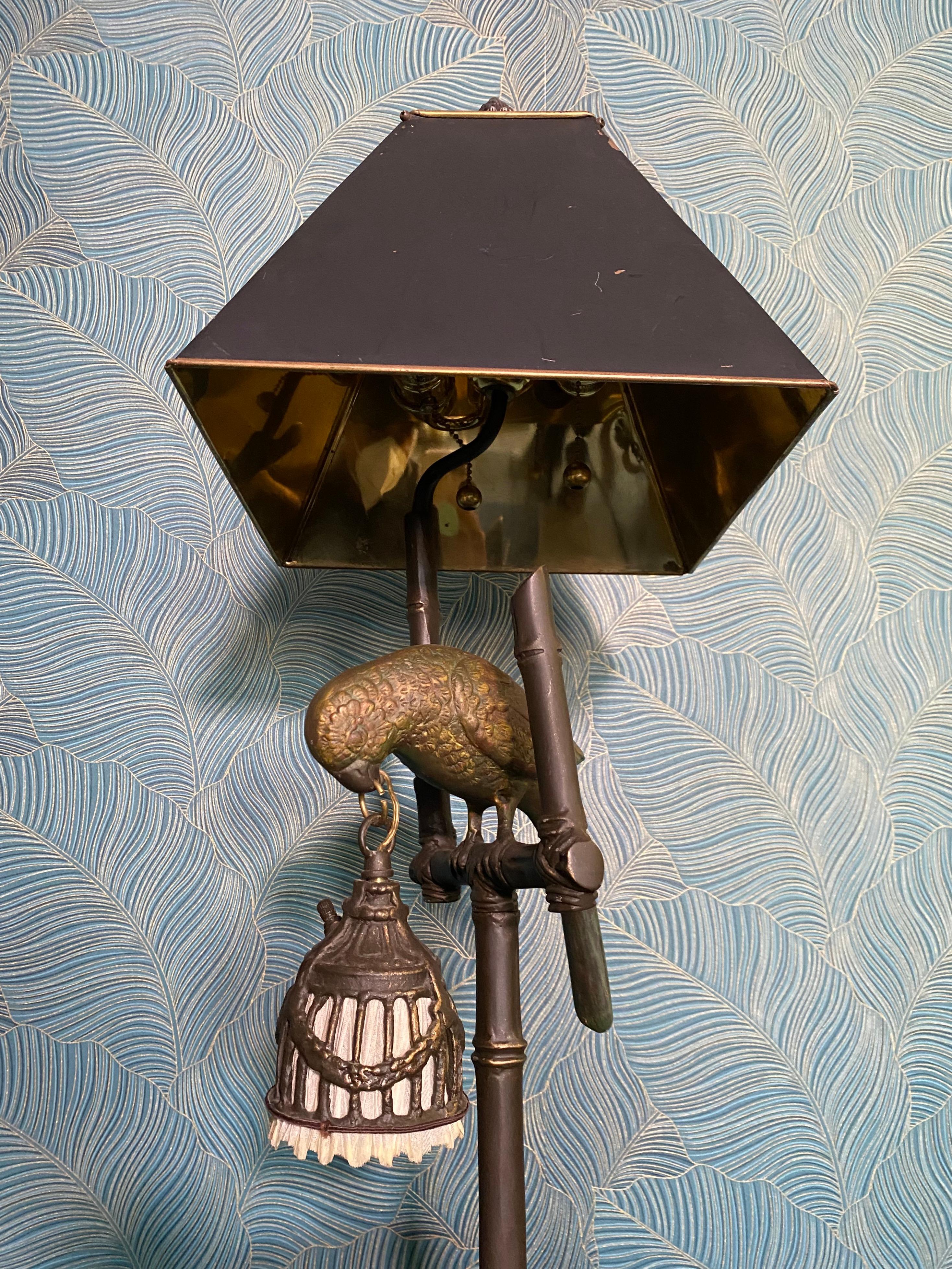 American Frederick Cooper Parrot Brass Table Lamp Faux Bamboo