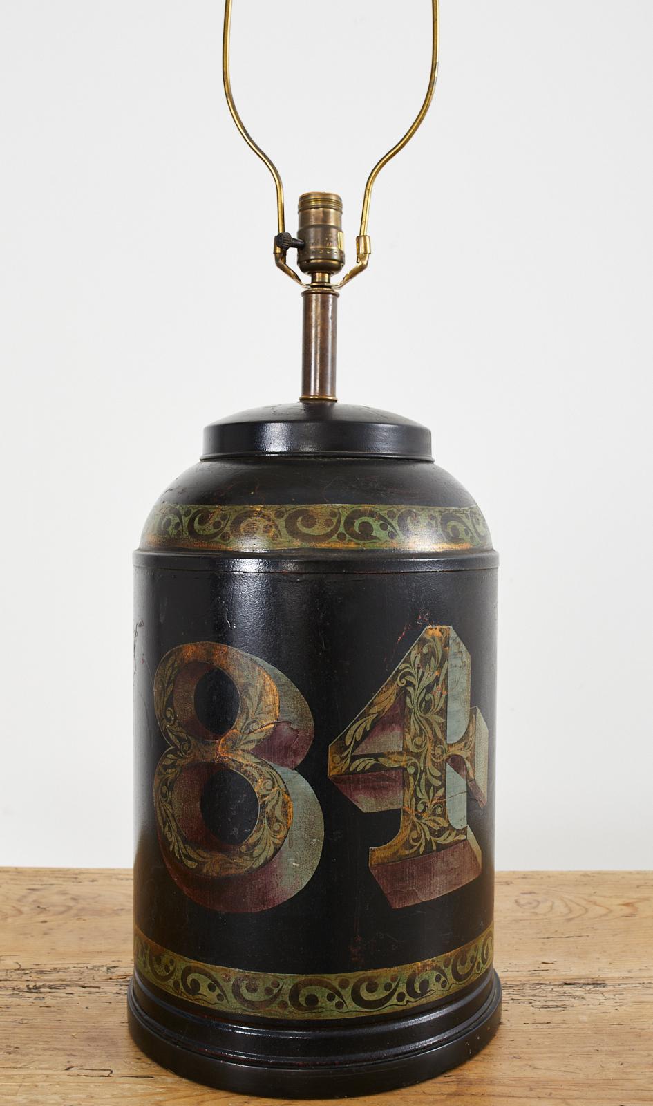 20th Century Frederick Cooper Tea Canister Tole Lamp For Sale