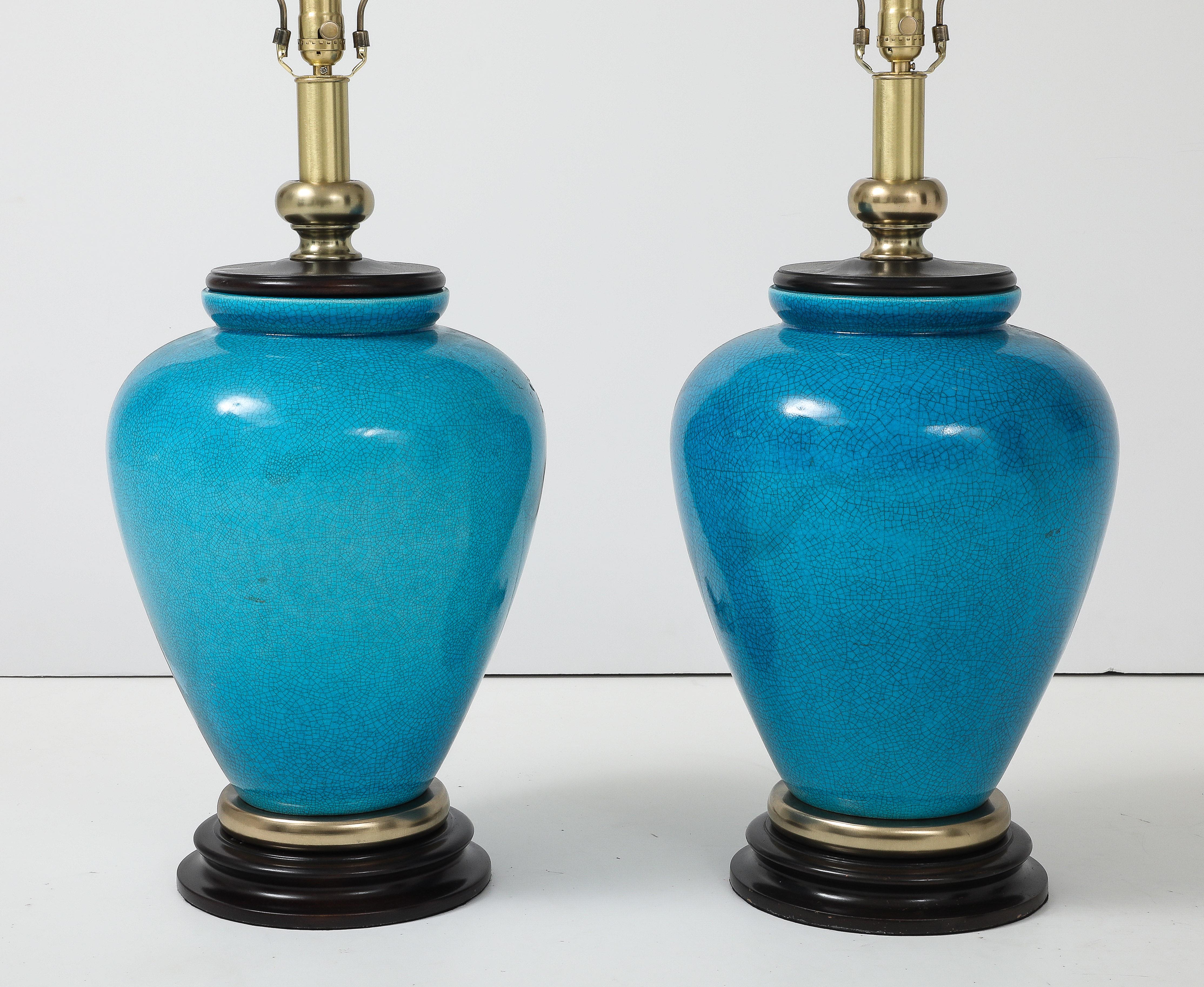 20th Century Frederick Cooper Turquoise Porcelein Lamps For Sale