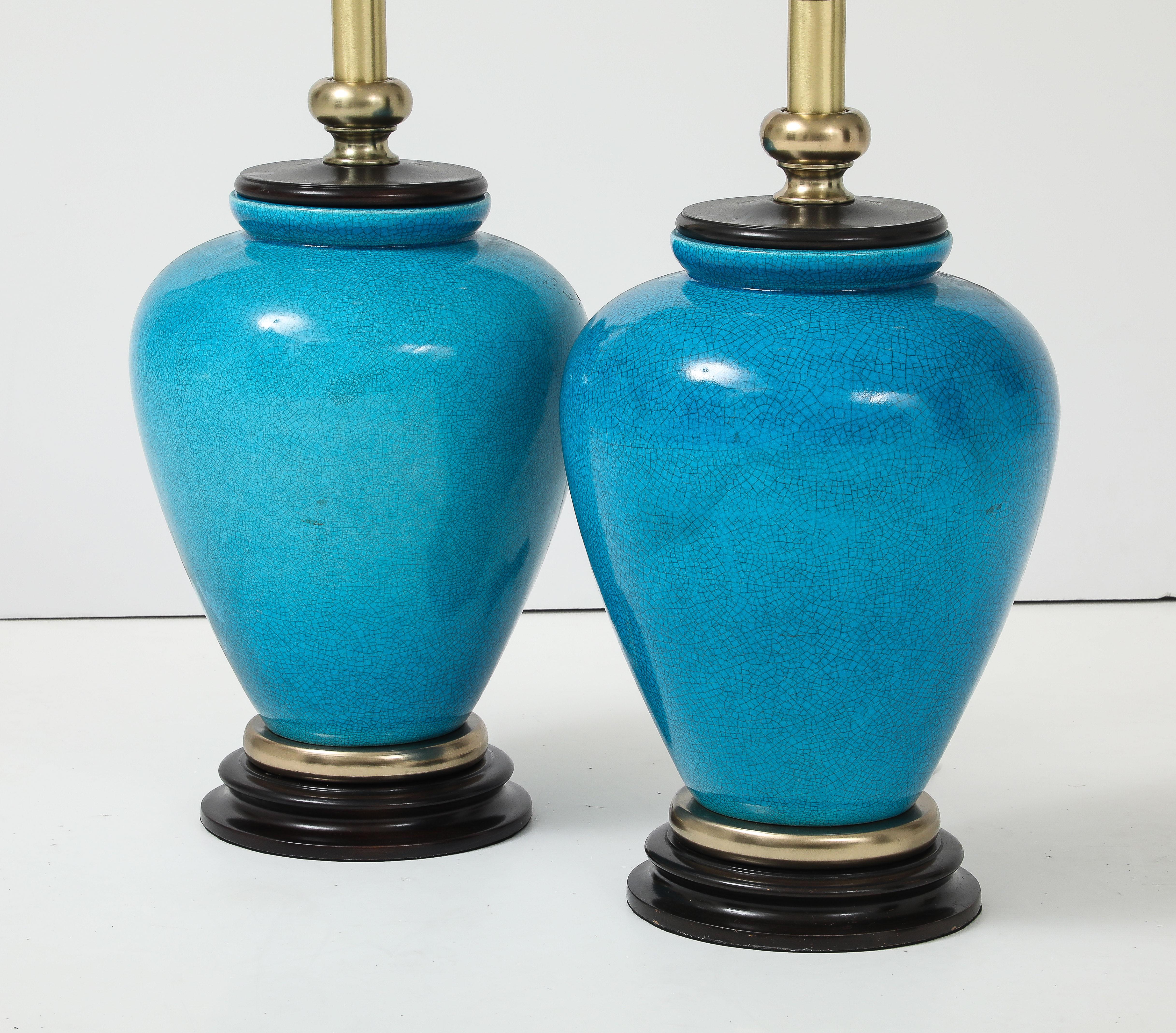 Brass Frederick Cooper Turquoise Porcelein Lamps For Sale