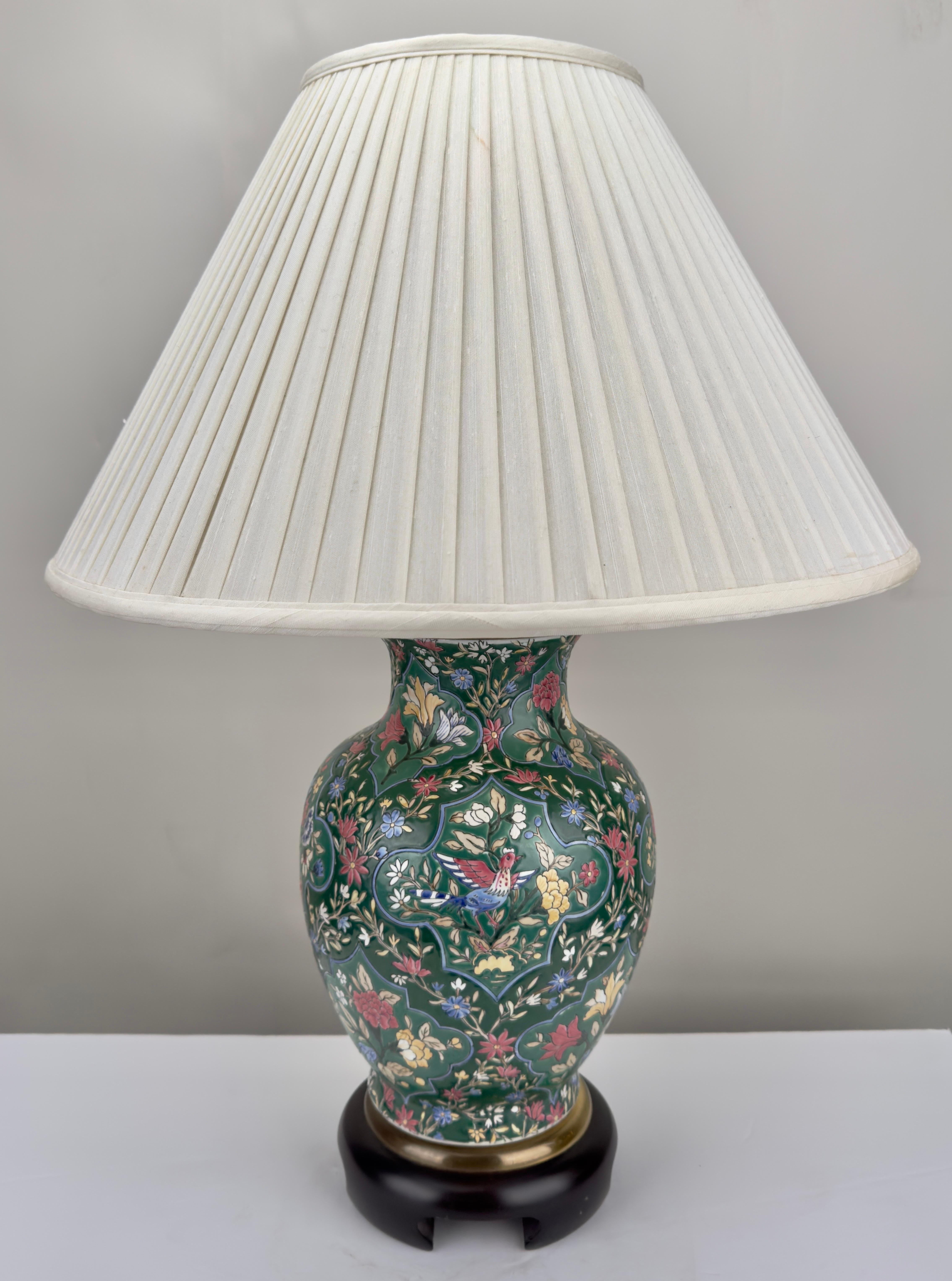 Frederick Copper  Chinoiserie Floral Design Green Porcelain Table Lamp, a Pair  For Sale 5