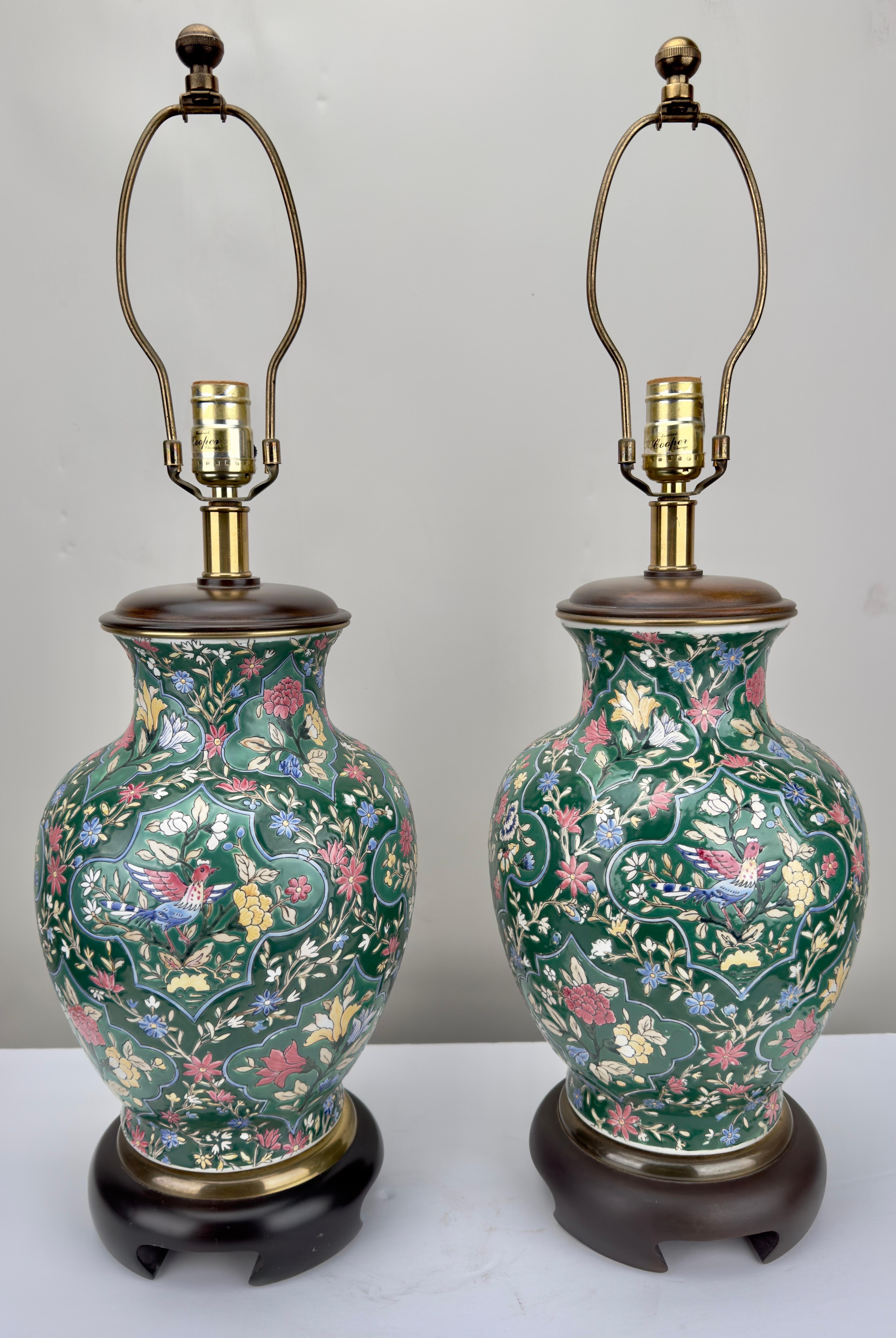 20th Century Frederick Copper  Chinoiserie Floral Design Green Porcelain Table Lamp, a Pair  For Sale