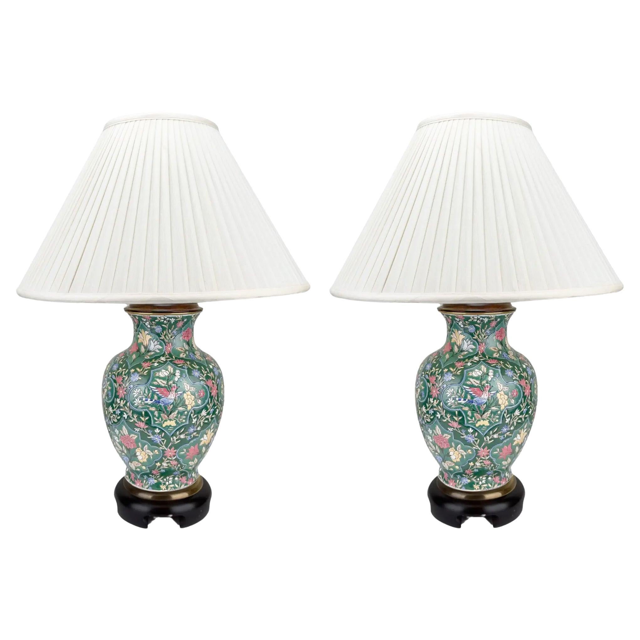 Frederick Copper  Chinoiserie Floral Design Green Porcelain Table Lamp, a Pair  For Sale