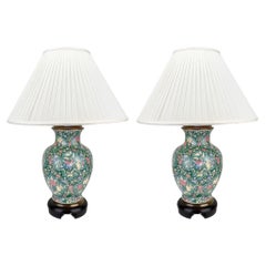 Vintage Frederick Copper  Chinoiserie Floral Design Green Porcelain Table Lamp, a Pair 