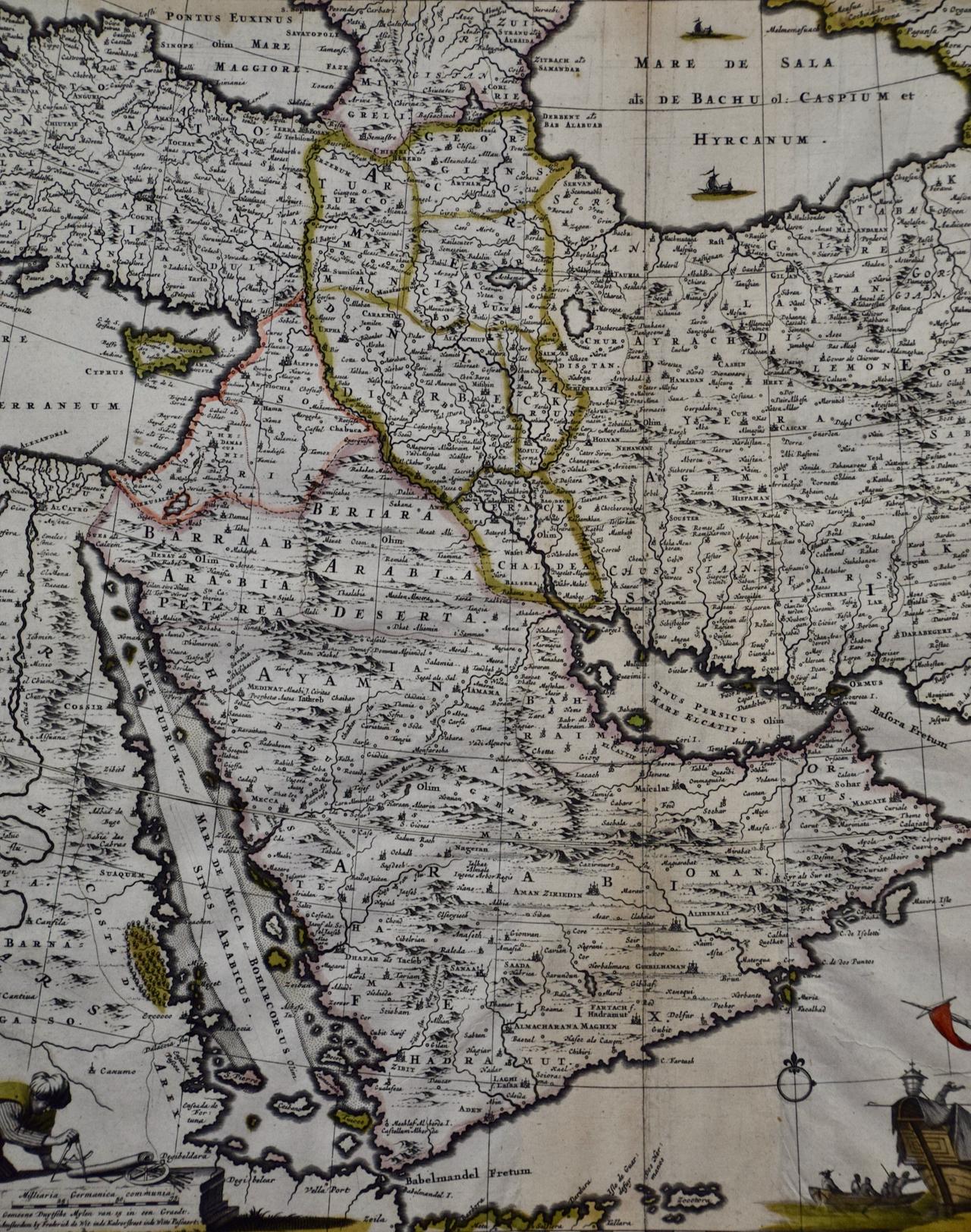 Diese farbenfrohe und detaillierte Kupferstichkarte aus dem 17. Jahrhundert von Frederick De Wit wurde zwischen 1666 und 1690 in Amsterdam veröffentlicht. Es zeigt das Kaspische Meer und Teile des Schwarzen, Roten, Mediterranen und Arabischen