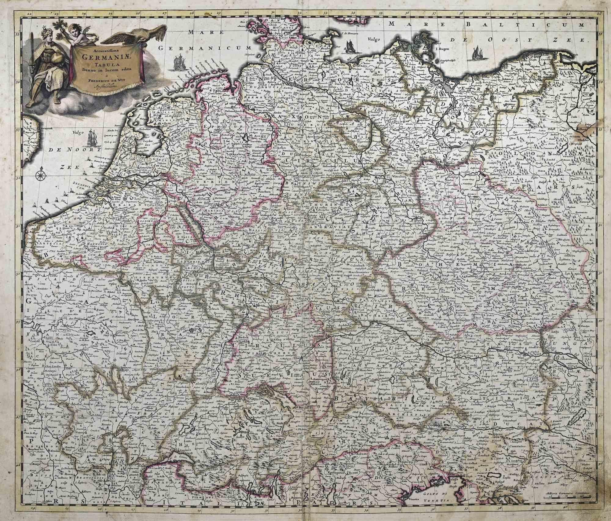 Cette gravure à double page avec coloration contemporaine, intitulée Accuratissima Germaniae Tabula [...], a été réalisée par le cartographe Frederick de Wit pour le célèbre Atlas publié à Amsterdam vers 1680.

L'état de conservation est passable :