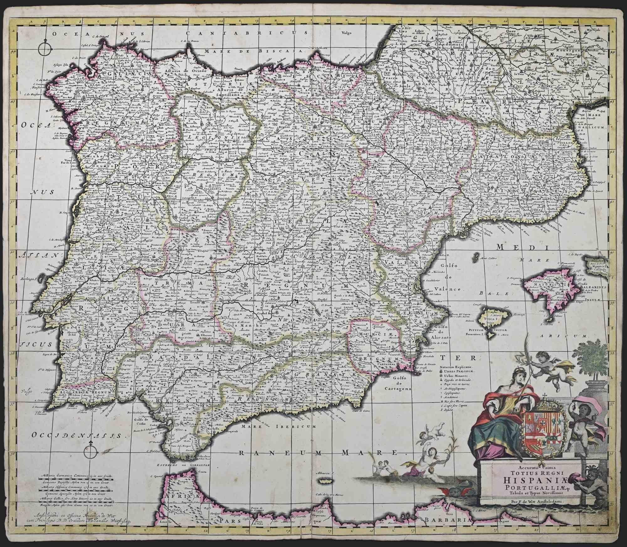 Diese doppelseitige Radierung mit zeitgenössischem Kolorit trägt den Titel Accuratissima Totius Regni Hispaniae Portugalliae und wurde von dem Kartographen Frederick de Wit für den berühmten, um 1680 in Amsterdam erschienenen Atlas angefertigt.

Der