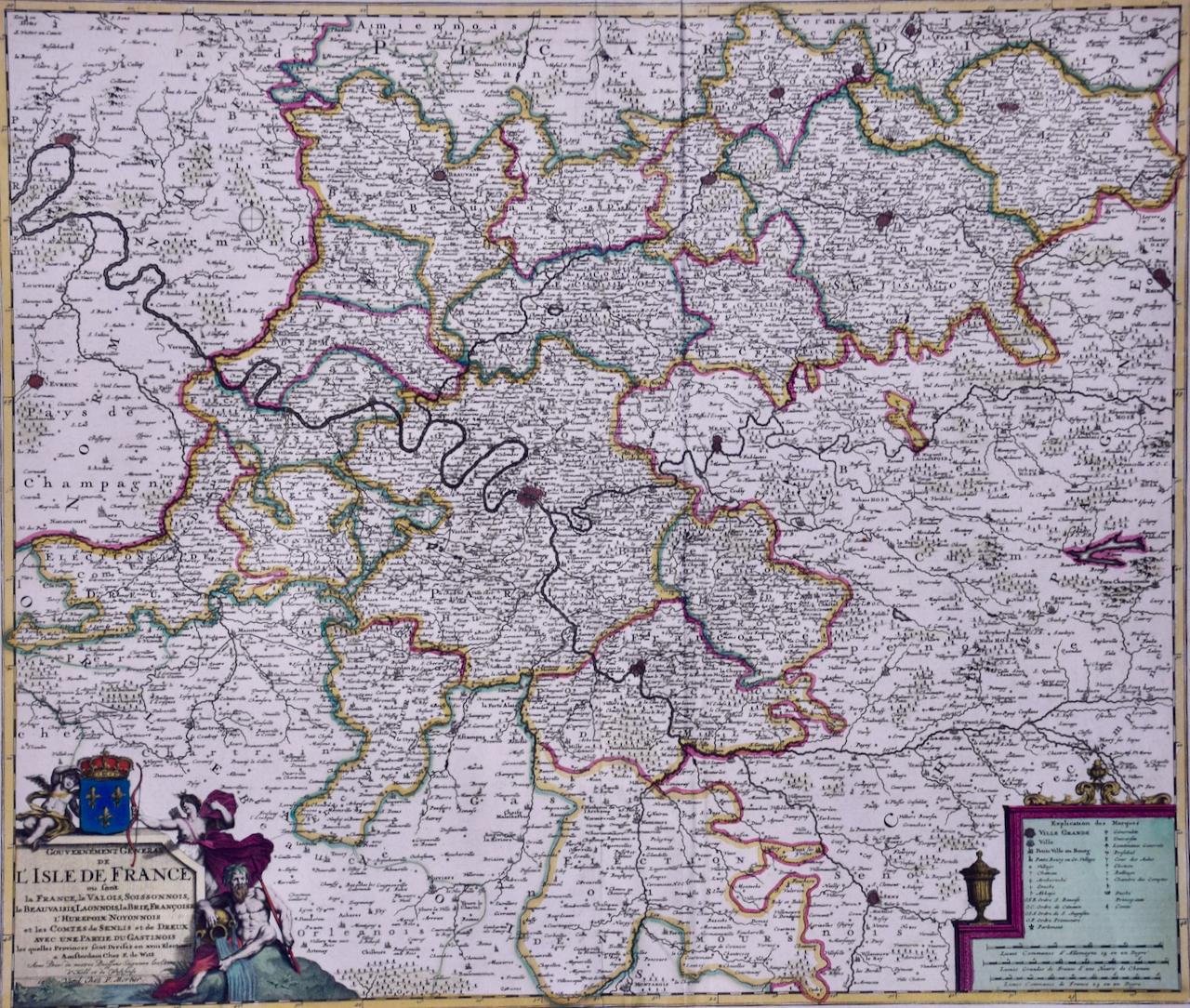 L'Isle de France : une carte du XVIIe siècle colorée à la main par De Wit  - Print de Frederick de Wit