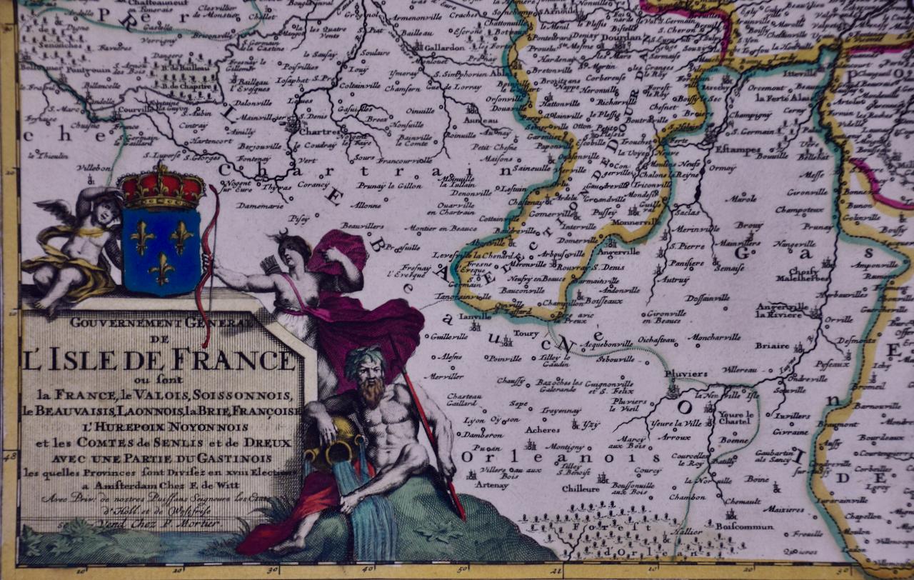 L'Isle de France : une carte du XVIIe siècle colorée à la main par De Wit  en vente 2