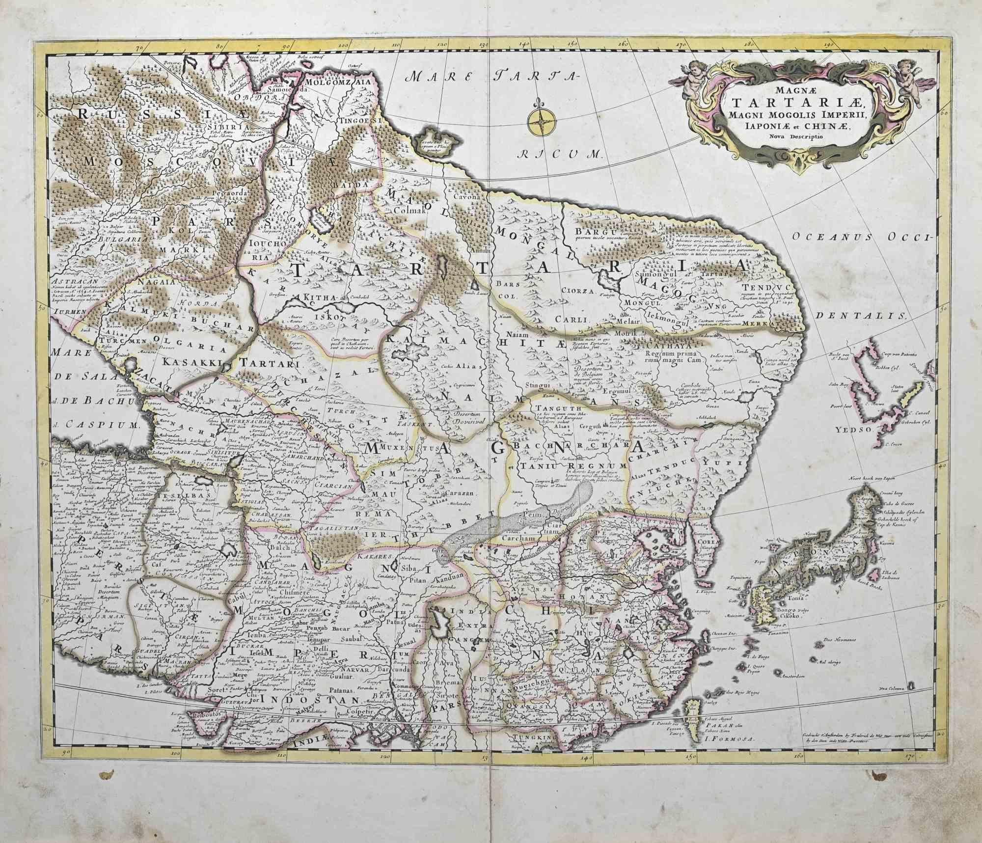 Questa incisione a doppia pagina con colorazione contemporanea, intitolata Magnae Tartariae, fu realizzata dal cartografo Frederick de Wit per il famoso Atlante pubblicato ad Amsterdam nel 1680 circa.

Lo stato di conservazione è discreto: piega