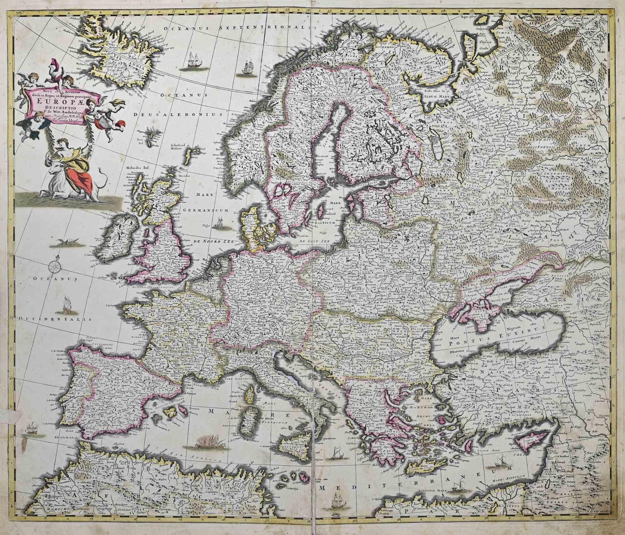 Diese doppelseitige Radierung mit zeitgenössischem Kolorit trägt den Titel Nova et Accurata Totius Europae Descriptio und wurde von dem Kartographen Frederick de Wit für den berühmten, um 1680 in Amsterdam erschienenen Atlas angefertigt.

Der