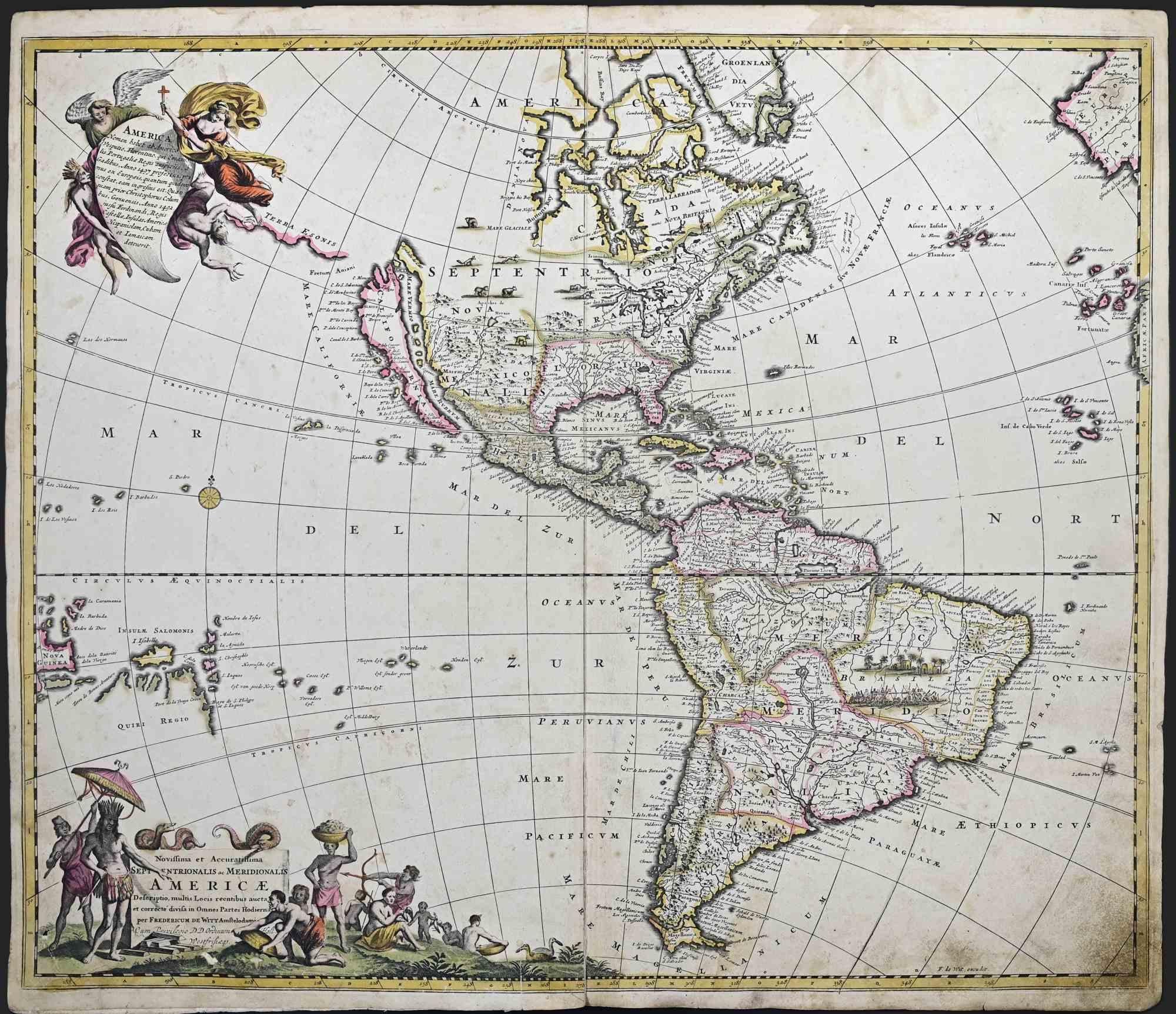 Cette gravure à double page avec mise en couleur contemporaine, intitulée Novissima et Accuratissima Septentrionalis ac Meridionalis Americae, a été réalisée par le cartographe Frederick de Wit pour le célèbre Atlas publié à Amsterdam vers