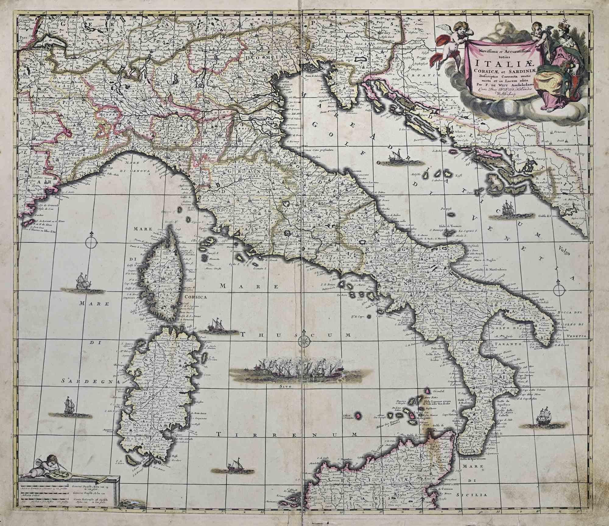 Diese doppelseitige Radierung mit zeitgenössischem Kolorit trägt den Titel Novissima et Accuratissima totius Italiae, Corsicae et Sardiniae und wurde von dem Kartographen Frederick de Wit für den berühmten, um 1680 in Amsterdam erschienenen Atlas