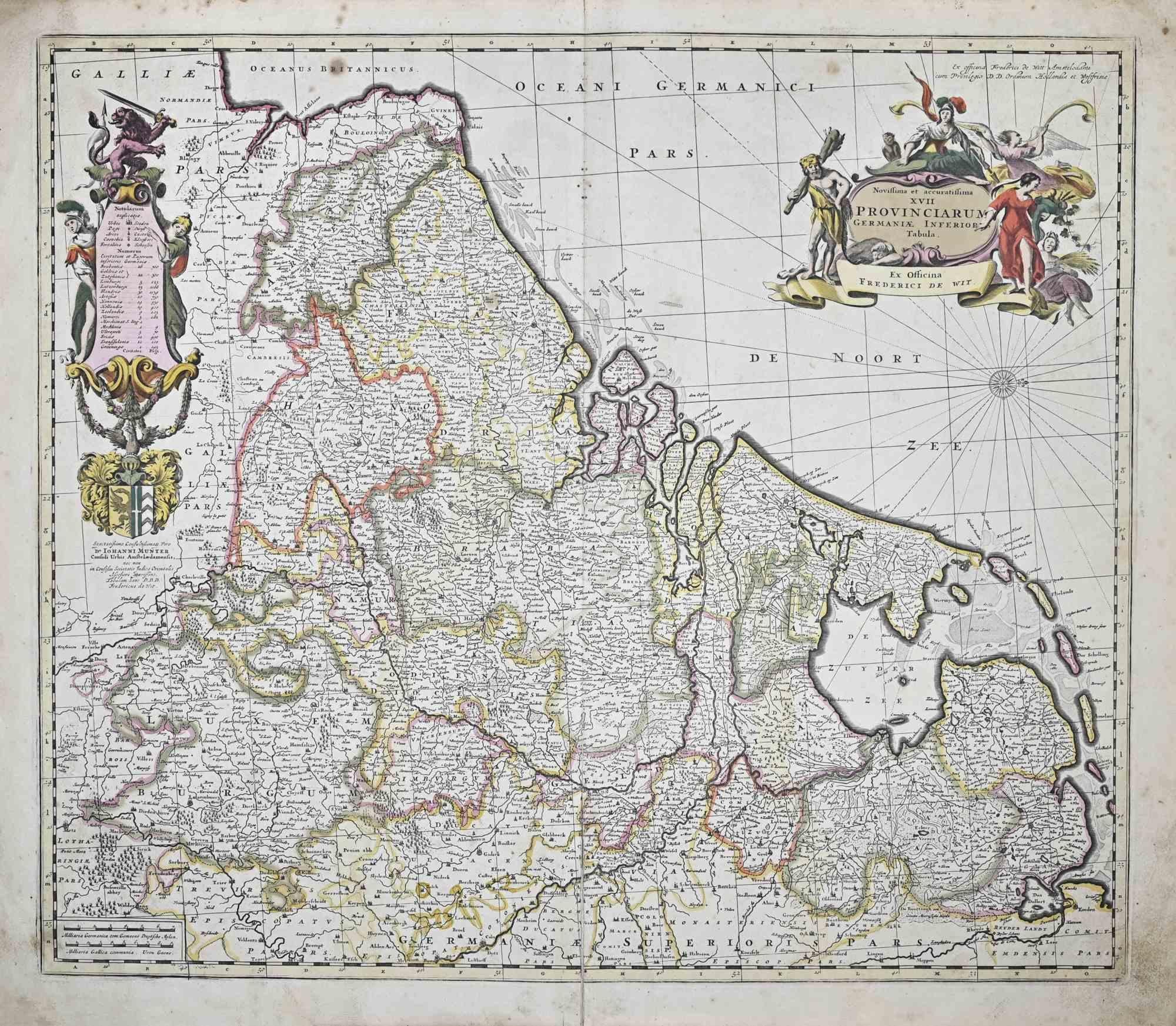 Cette gravure à double page avec coloration contemporaine, intitulée Novissima et accuratissima XVII Provinciarum Germaniae Inferior Tabula, a été réalisée par le cartographe Frederick de Wit pour le célèbre Atlas publié à Amsterdam vers
