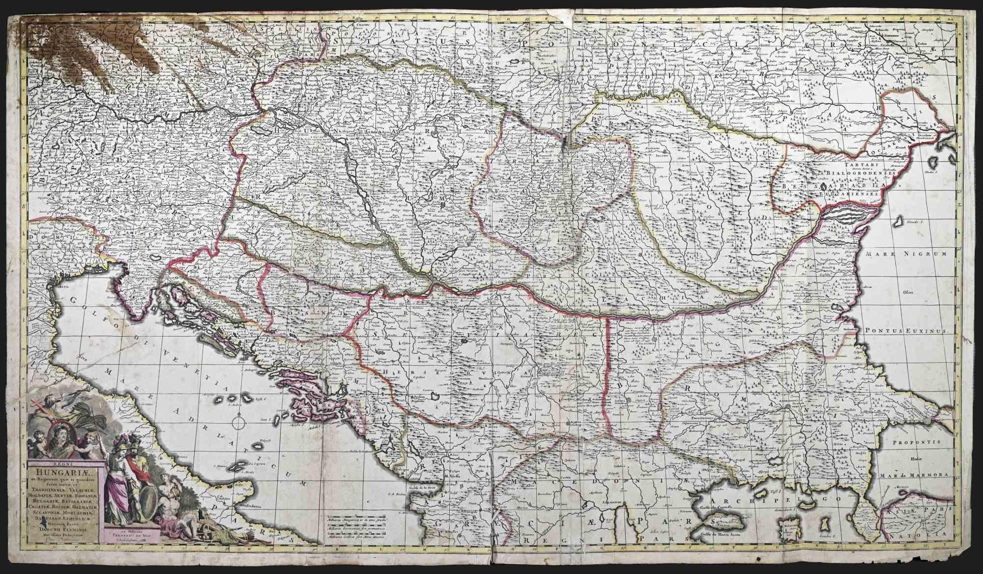 Cette gravure à triple page avec coloration contemporaine, intitulée Regni Hungariae et Regionum, a été réalisée par le cartographe Frederick de Wit pour le célèbre Atlas publié à Amsterdam vers 1680.

L'état de conservation est passable : pli