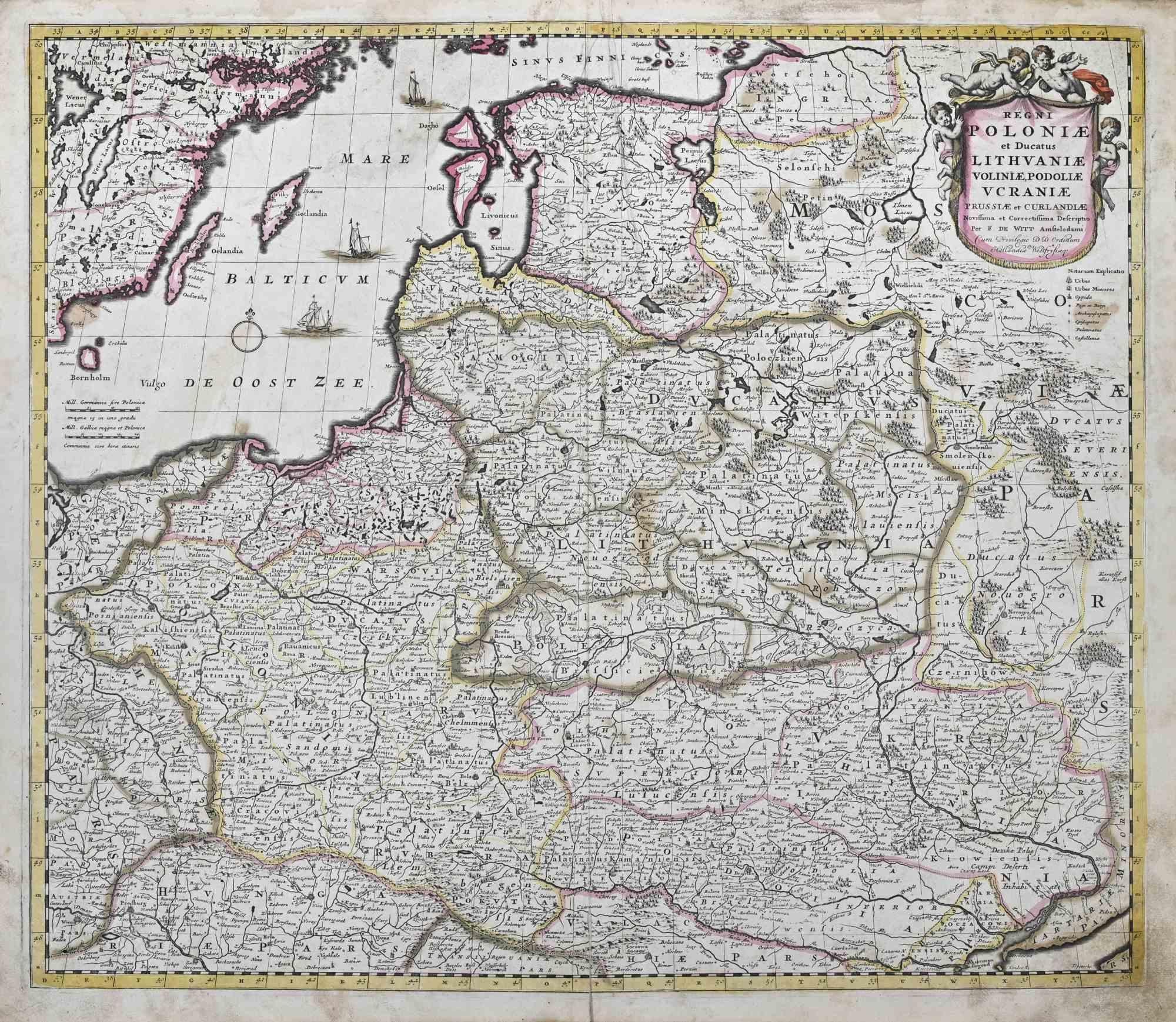 This double-page etching with contemporary coloring, entitled Regni Poloniae et Ducatus Lithuaniae, Voliniae, Podoliae, Ucraniae, Prussiae et Curlandiae, was realized by the cartographer Frederick de Wit for the famous Atlas published in Amsterdam
