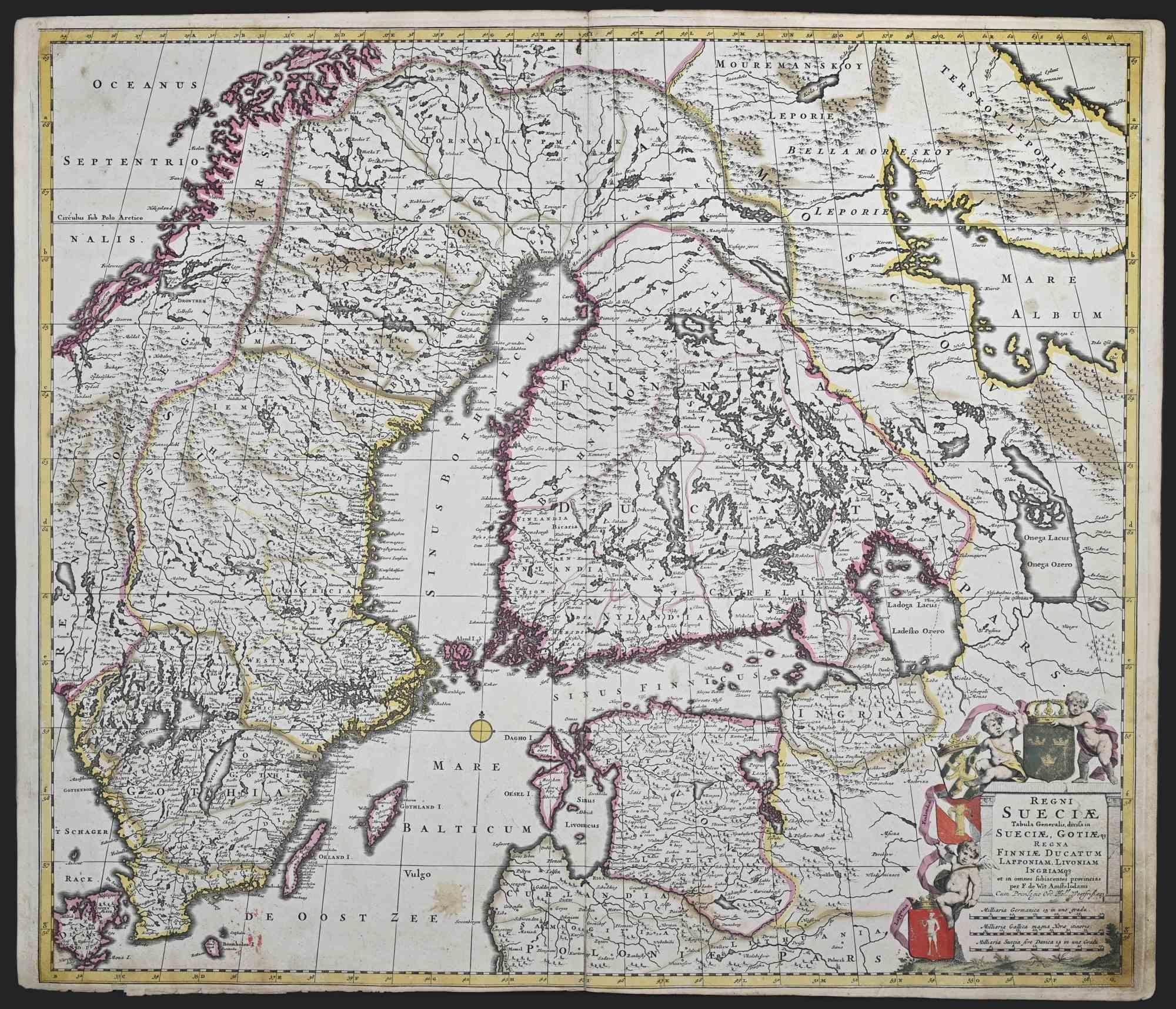 Questa incisione a doppia pagina con colorazione contemporanea, intitolata Regni Sueciae Tabula Generalis, fu realizzata dal cartografo Frederick de Wit per il famoso Atlante pubblicato ad Amsterdam nel 1680 circa.

Lo stato di conservazione è