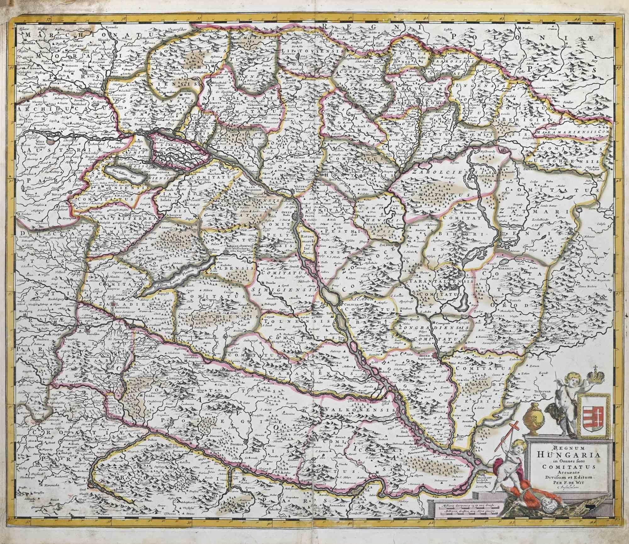 Cette gravure à double page avec coloration contemporaine, intitulée Regnum Hungariae, a été réalisée par le cartographe Frederick de Wit pour le célèbre Atlas publié à Amsterdam vers 1680.

L'état de conservation est passable : pli central renforcé
