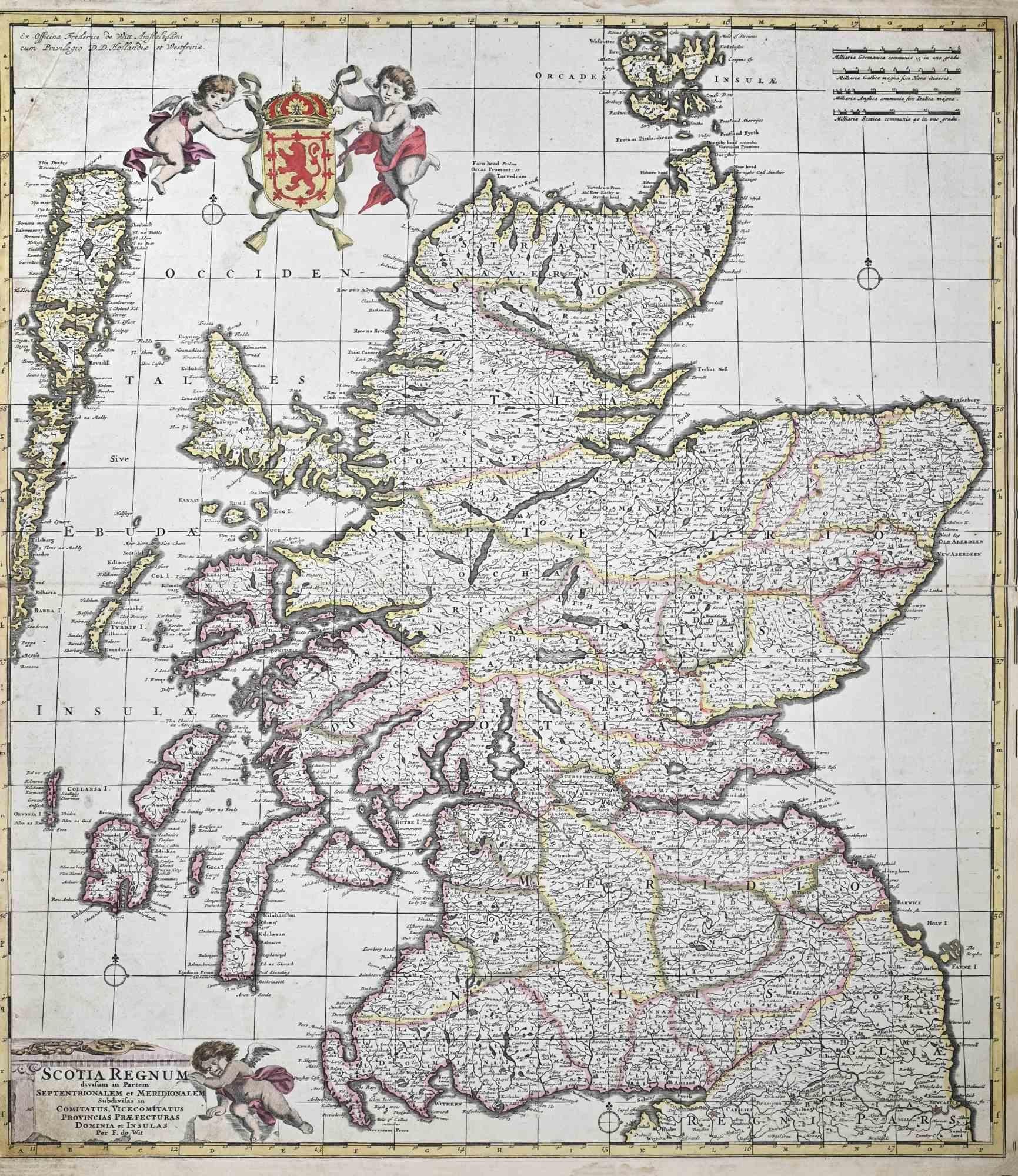 This double-page etching with contemporary coloring, entitled Scotia Regnum, was realized by the cartographer Frederick de Wit for the famous Atlas published in Amsterdam in ca. 1680.
 
The state of preservation is fair: central fold reinforced in