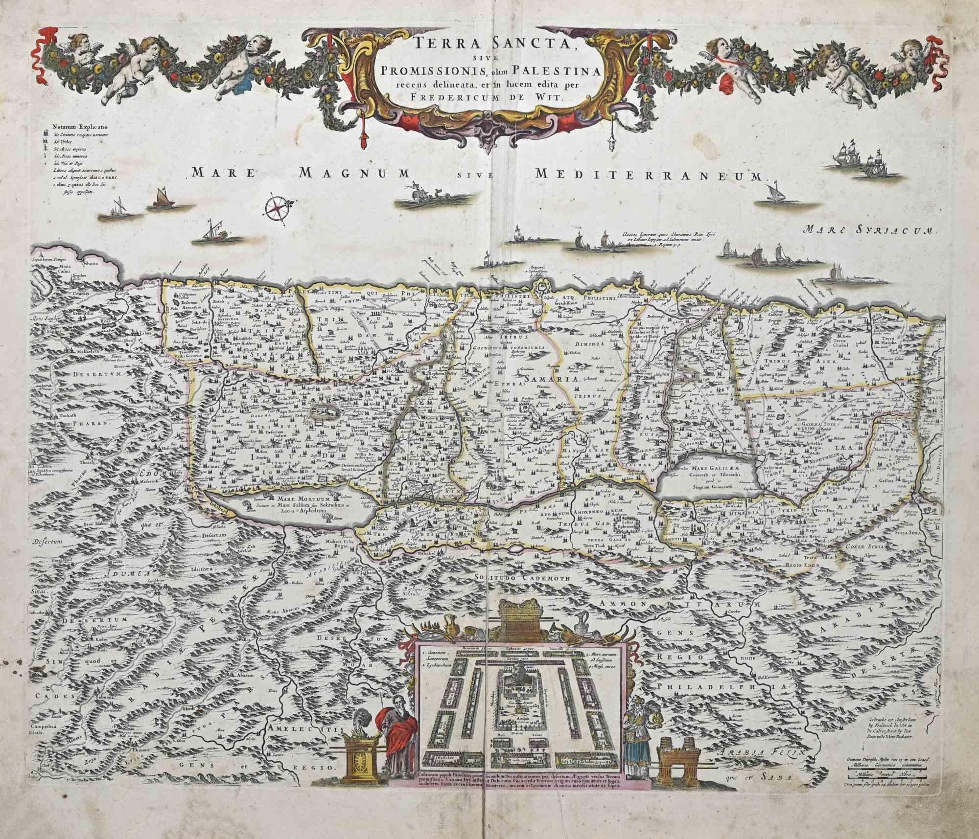 Este grabado a doble página con coloreado contemporáneo, titulado Terra Sancta, fue realizado por el cartógrafo Frederick de Wit para el famoso Atlas publicado en Amsterdam hacia 1680.

El estado de conservación es regular: pliegue central reforzado