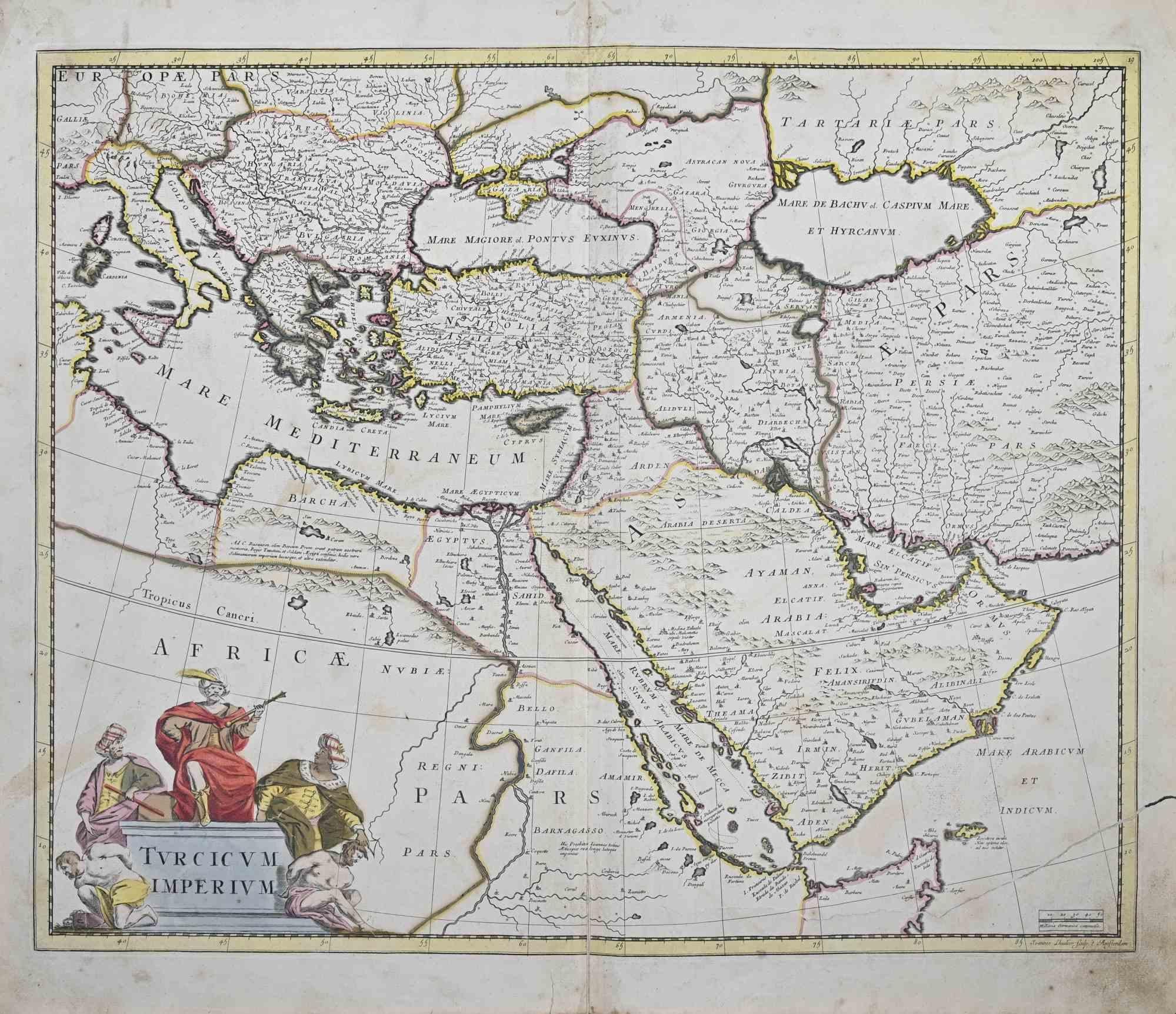 Este grabado a doble página con coloreado contemporáneo, titulado Turcicum Imperium, fue realizado por el cartógrafo Frederick de Wit para el famoso Atlas publicado en Amsterdam hacia 1680.

El estado de conservación es regular: pliegue central