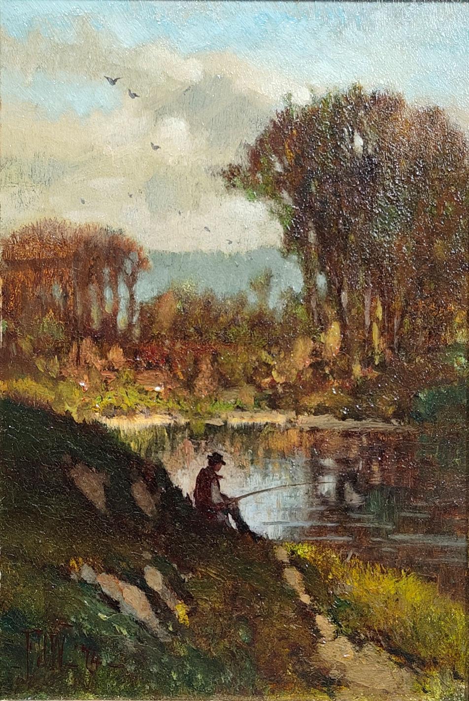 Frederick Dickinson Williams
Pesca en otoño, 1914
Firmado y fechado abajo a la izquierda
Óleo sobre tabla
9 1/4 x 6 7/8 pulgadas


Frederick Dickinson Williams fue retratista y paisajista.  Durante la primera parte de su vida adulta, Williams enseñó