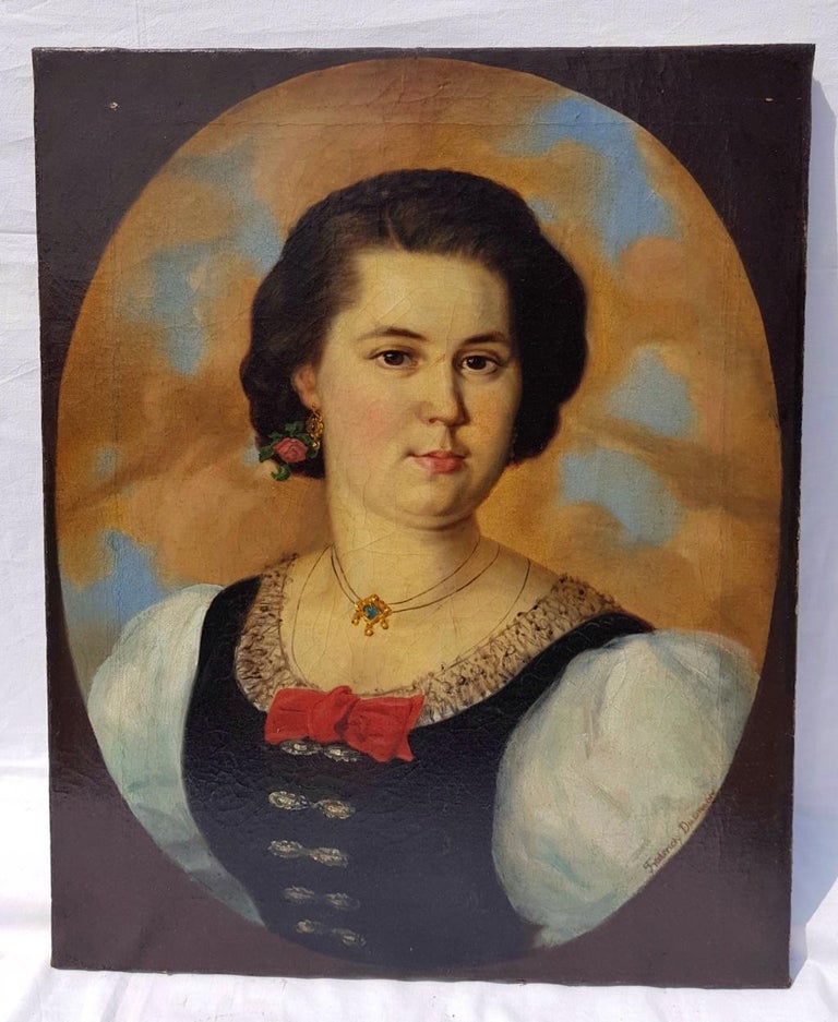 Late 19th century American painting - Female portrait - Oil on canvas signed - Painting by Frederick Dielman