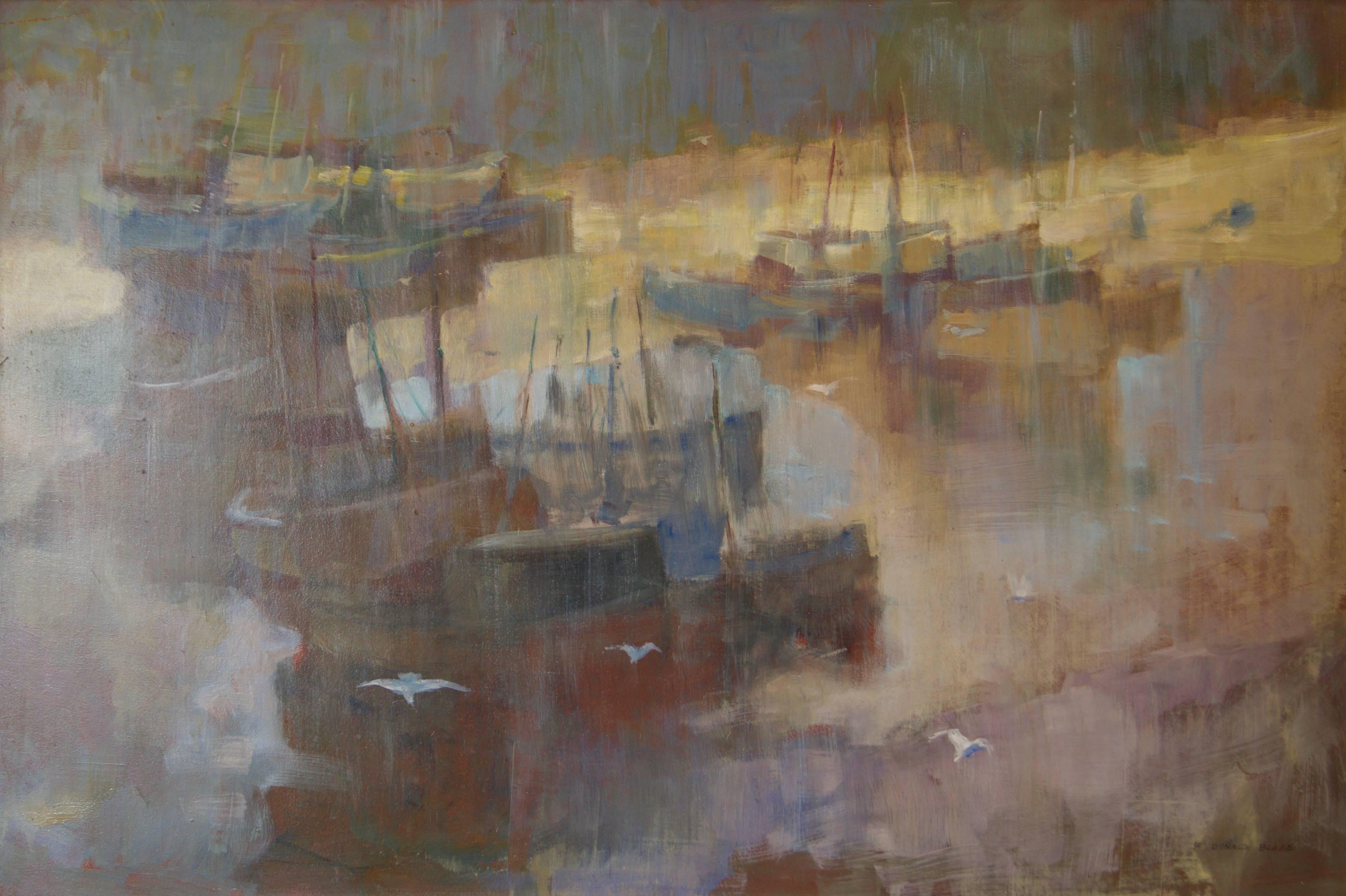 Morning Light Meereslandschaft – Ölgemälde von Booten, England, von Donald Blake, Mitte des 20. Jahrhunderts