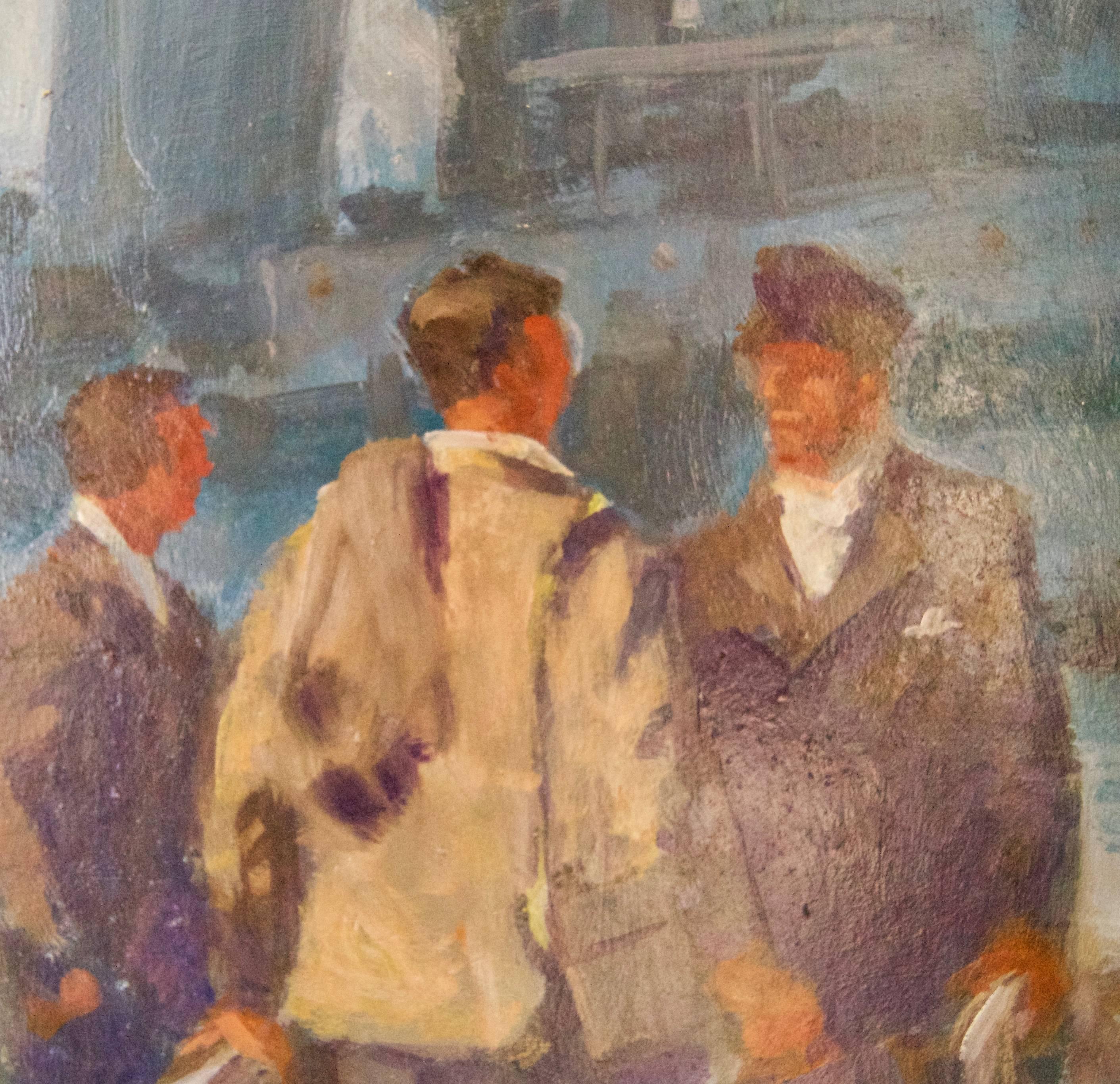 Gruppo di artisti di Wapping in riva al Tamigi - Olio della metà del XX secolo di Donald Blake

Frederick Donald Blake Nasce a Greenock, in Scozia, nel 1908 e muore nel 1997. La famiglia di Blake si trasferì a Londra quando era bambino e lui rimase