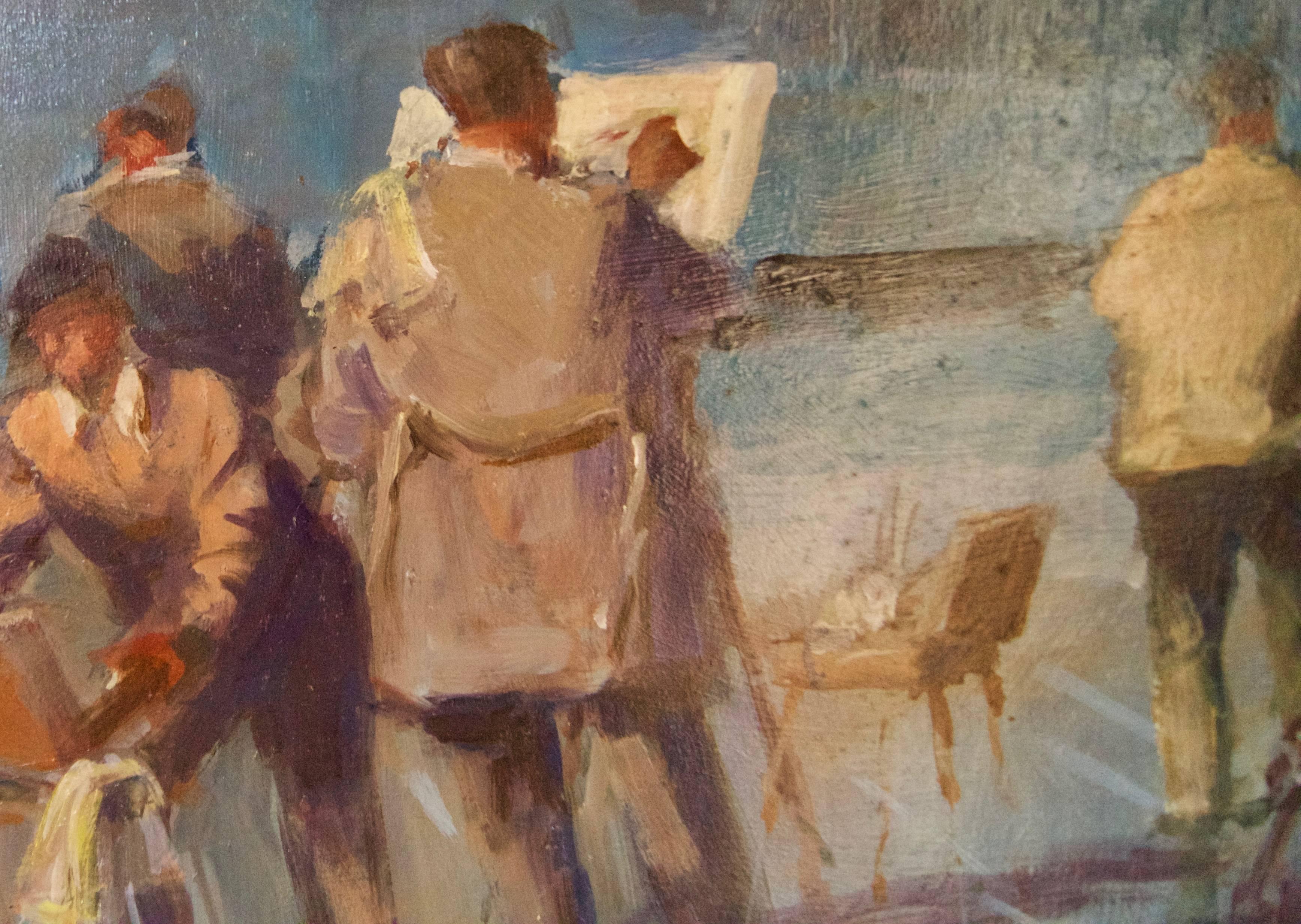 Gruppo di artisti di Wapping in riva al Tamigi - Olio della metà del XX secolo di Donald Blake in vendita 1