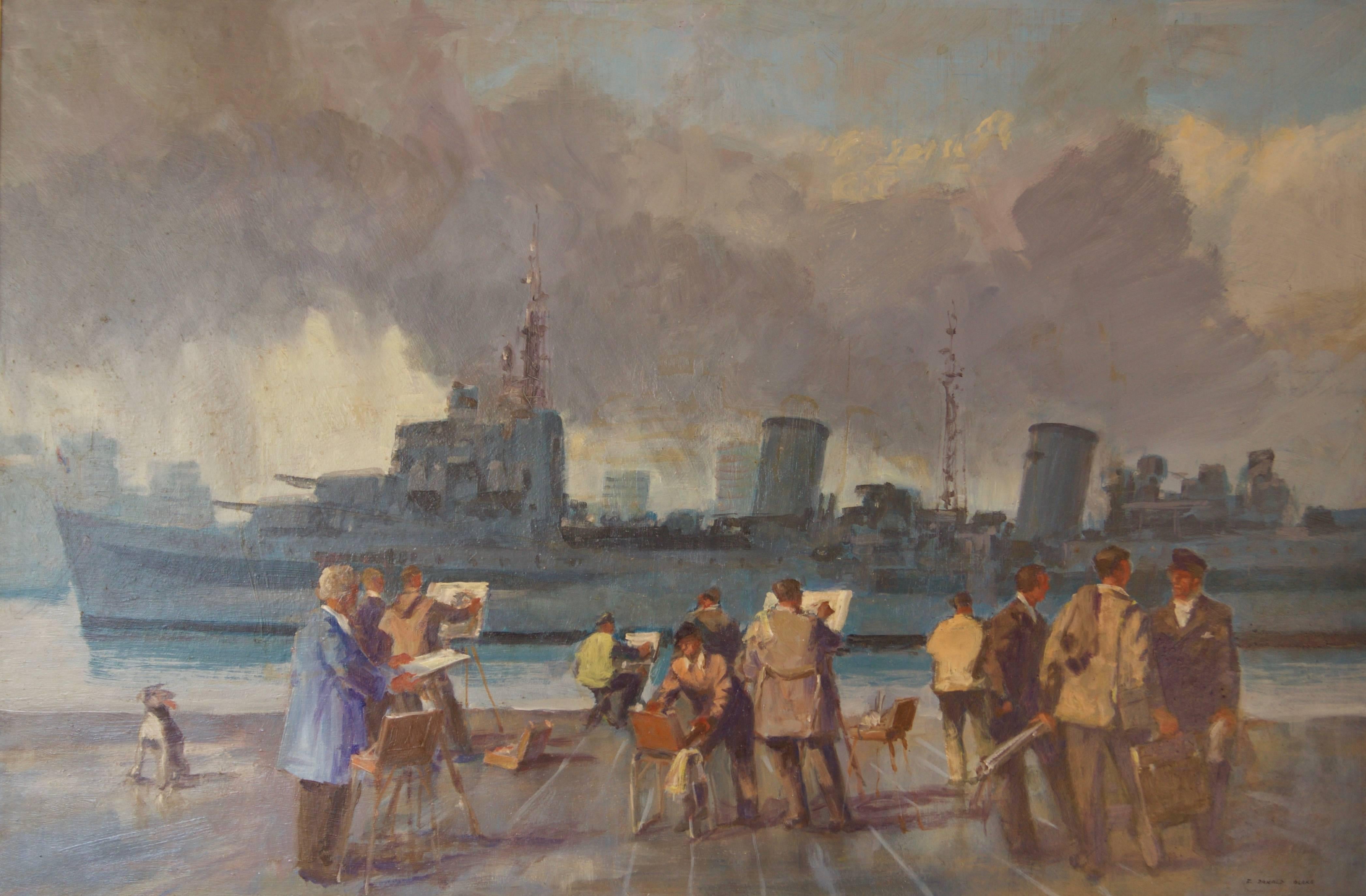 Frederick Donald Blake Figurative Photograph - Wapping Group of Artists by the Thames - Mid 20th Century Oil by Donald Blake