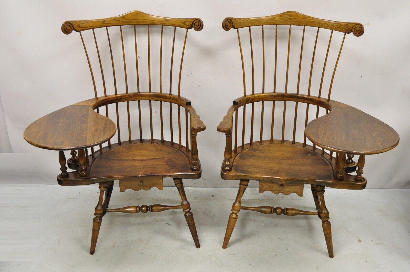 Frederick Duckloe Cherry Windsor Spindle Back Right and Left Writing Desk Chair - a Pair. Item features a rare right and left pair, one drawer each, solid wood construction, beautiful wood grain, 1 dovetailed drawer, unmarked, very nice vintage