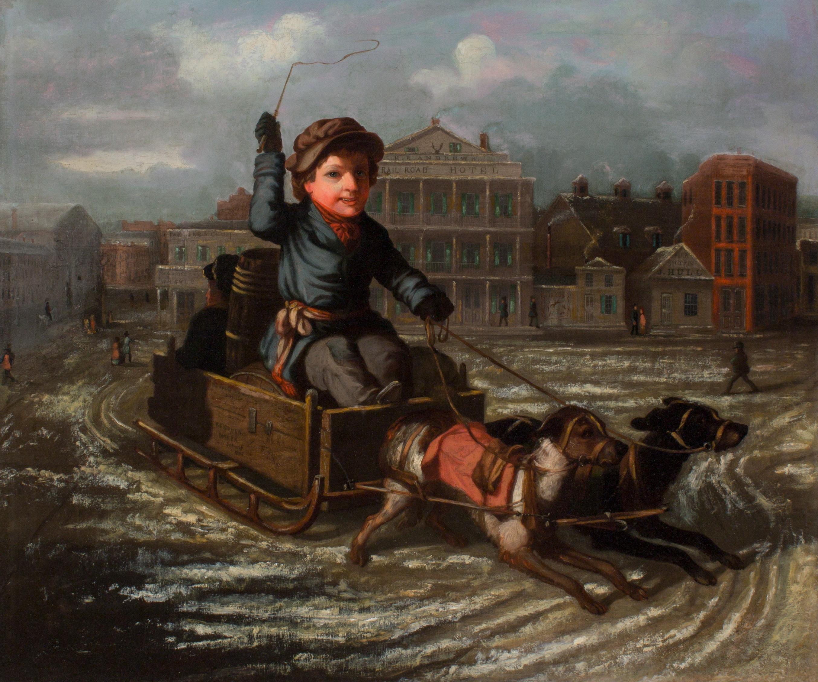 Scène insolite de traîneau à chiens représentant le centre-ville de Downtown en 1853 - Painting de Frederick E. Cohen