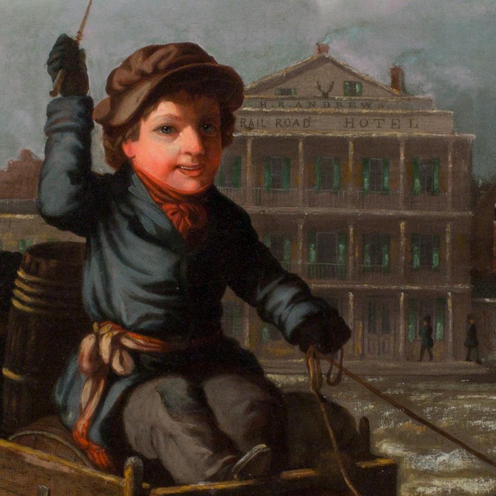 Scène insolite de traîneau à chiens représentant le centre-ville de Downtown en 1853 - Réalisme Painting par Frederick E. Cohen