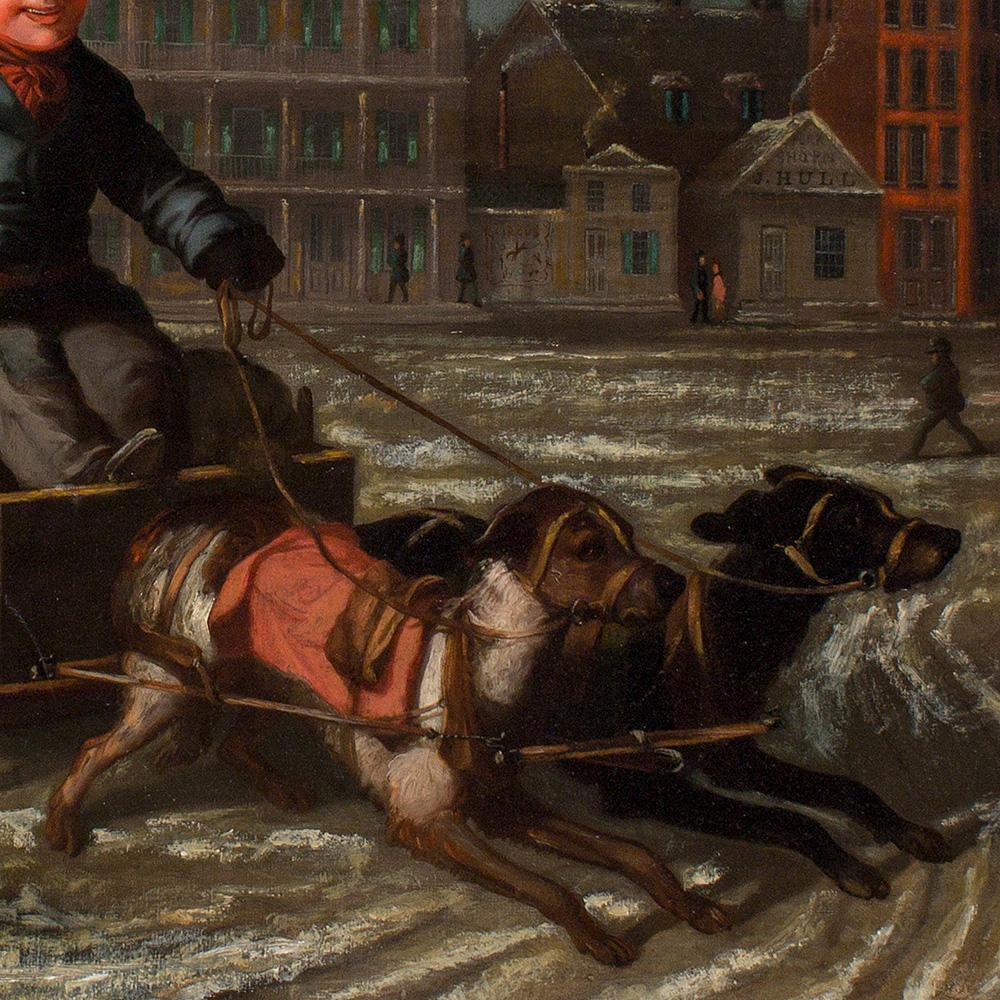 Scène insolite de traîneau à chiens représentant le centre-ville de Downtown en 1853 - Marron Animal Painting par Frederick E. Cohen