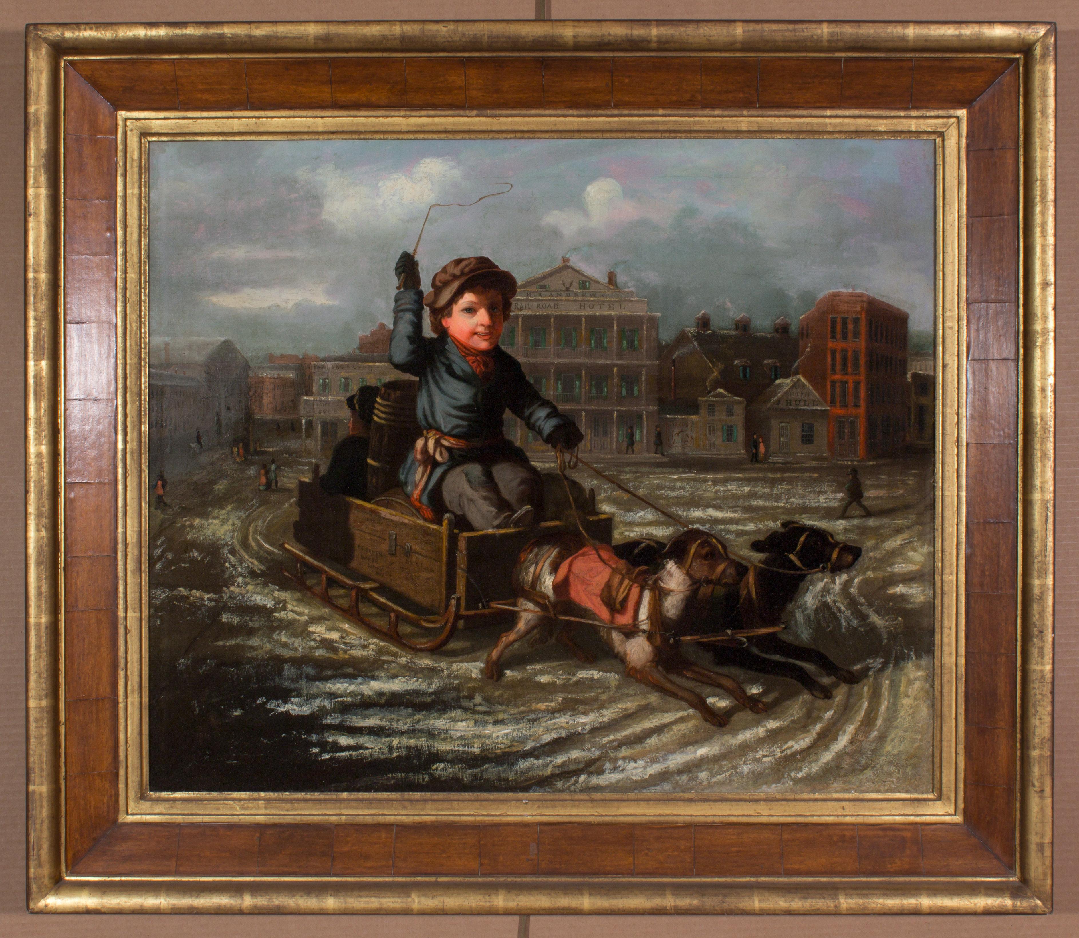 Scène insolite de traîneau à chiens représentant le centre-ville de Downtown en 1853