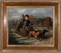 Scène insolite de traîneau à chiens représentant le centre-ville de Downtown en 1853