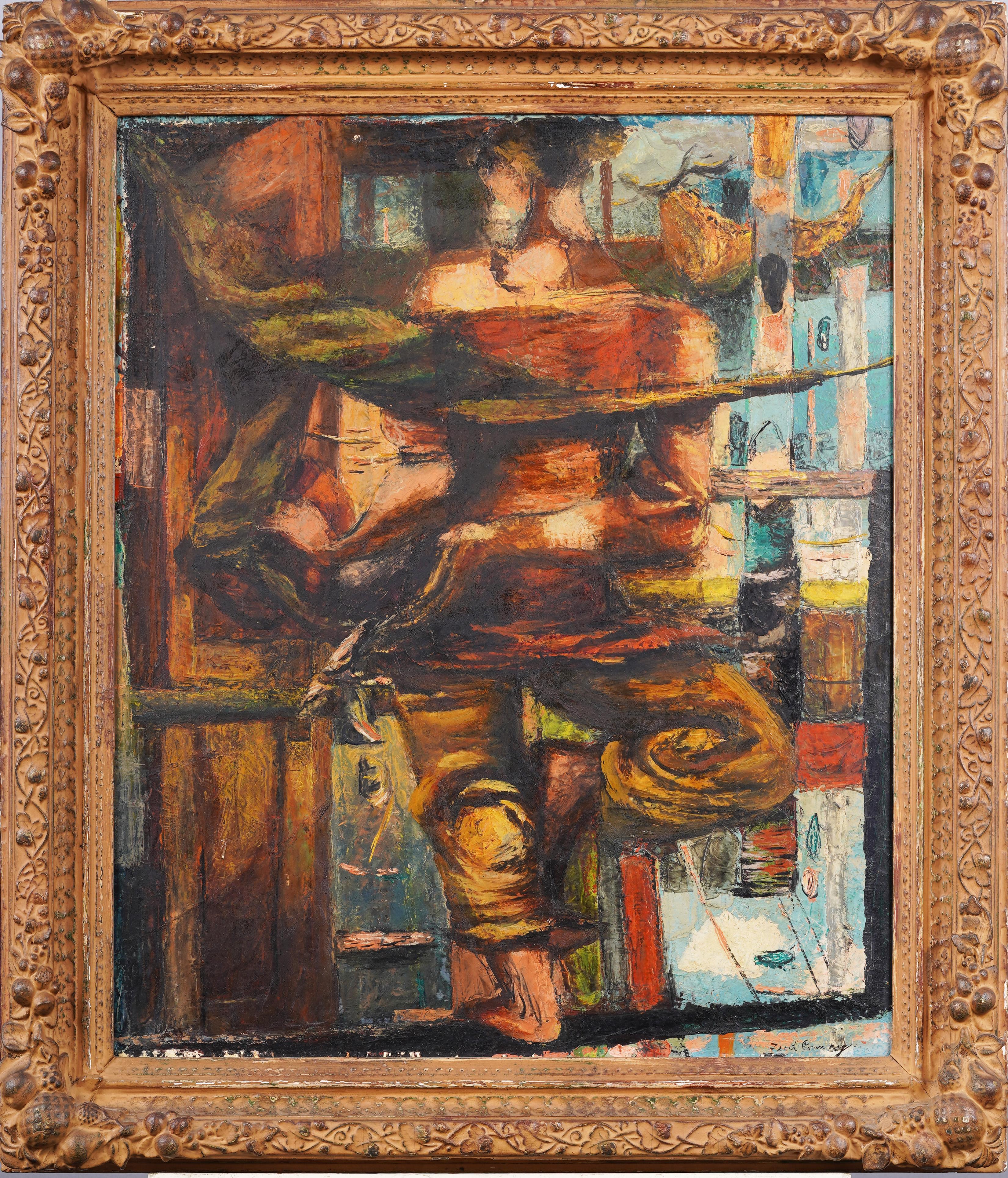Antico dipinto ad olio modernista astratto di scuola meridionale cubista Ritratto di donna - Painting di Frederick E. Conway 